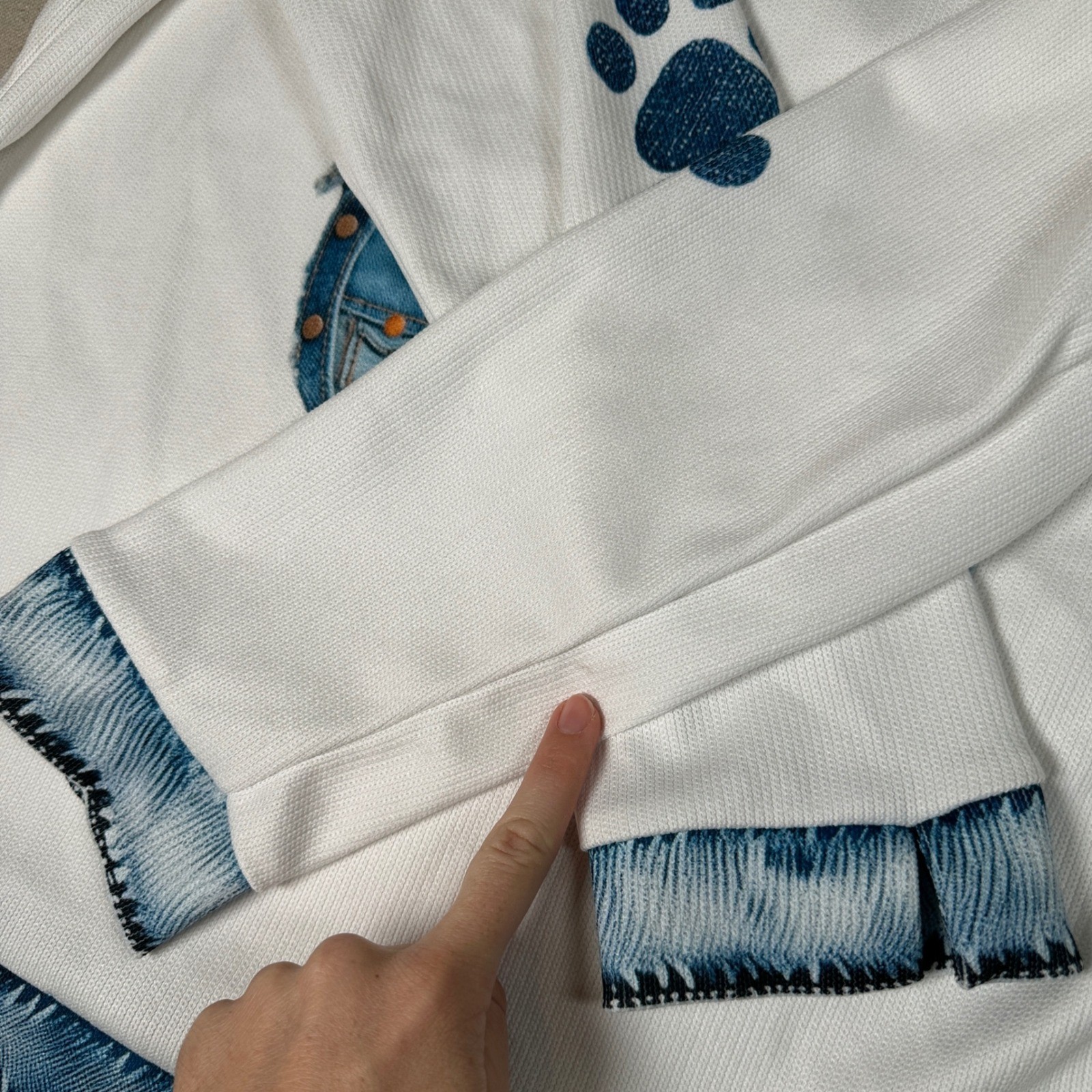 Dachshund Wiener Dog Patchwork Denim Look V-Neck Top White Small