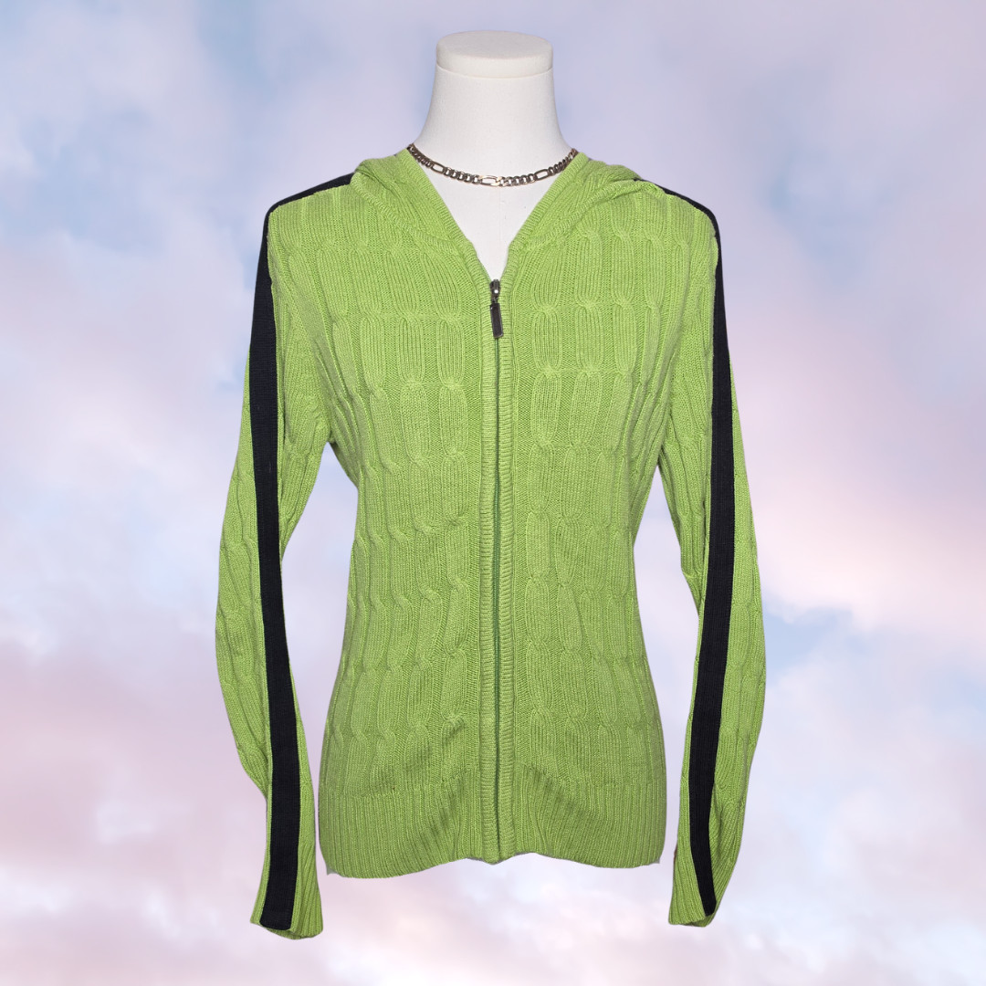 Vtg Y2k 90s INC Bright Green Black Stripe Ribbed Knit Zip Up Hooded Jacket Sz M