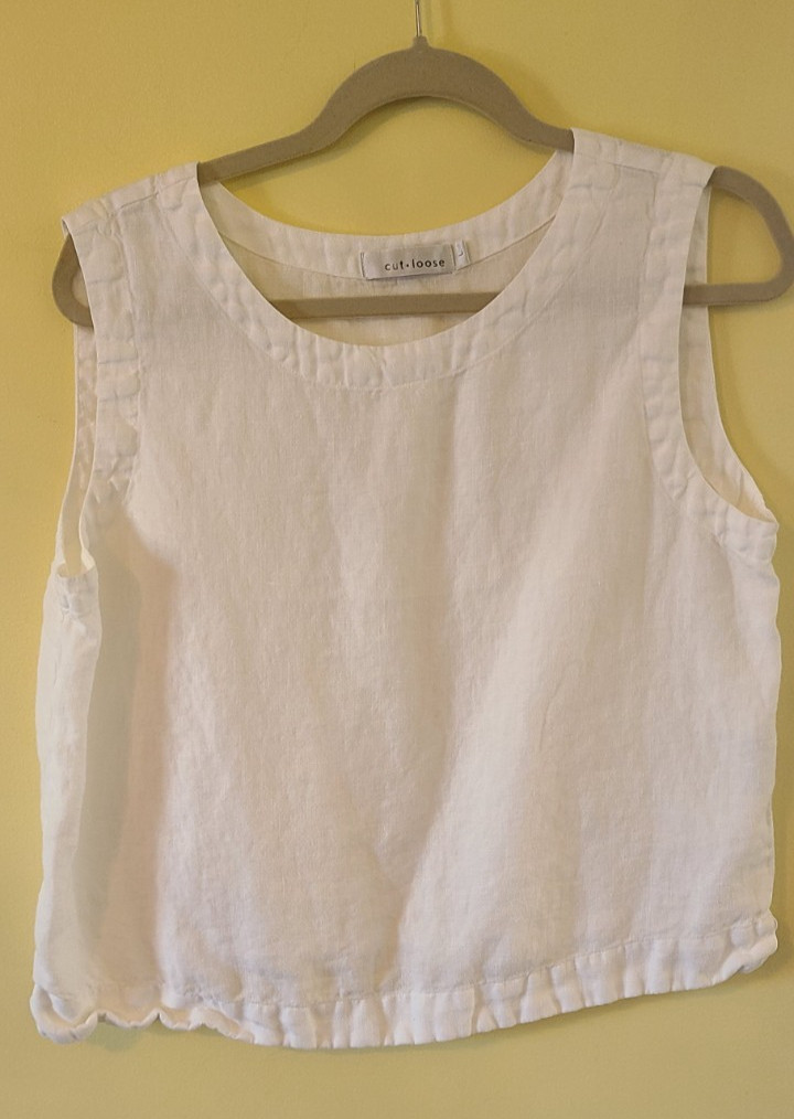 Cut Loose Women’s White Linen Blend Relaxed Tank Top LG Minimalist Lightweight