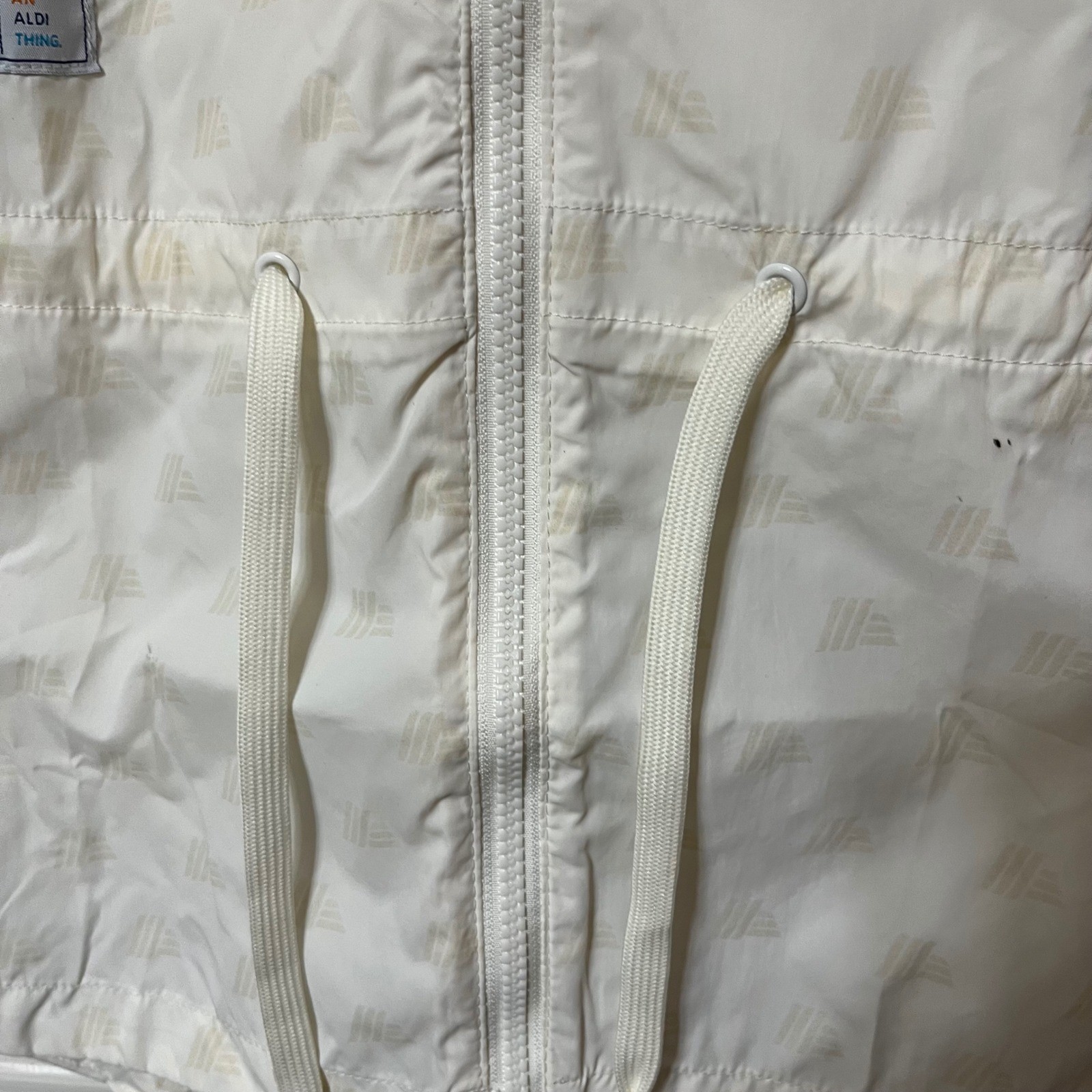 ALDI GEAR White All Over Logo Windbreaker Jacket Rainbow Stripe Sleeve Size S