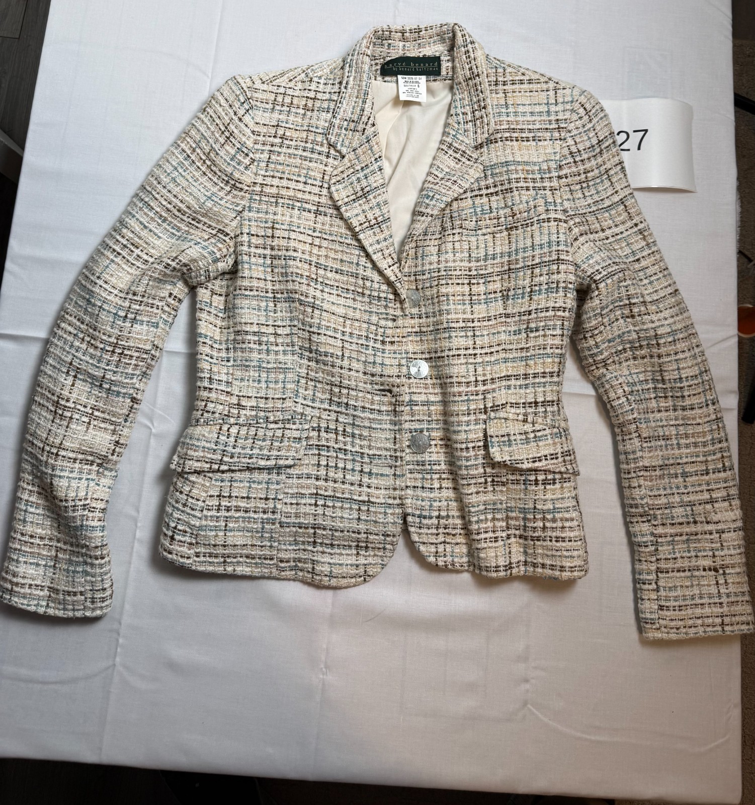 Harvé Benard by Benard Holtzman Tweed Blazer Jacket Womens 6T Beige Plaid Silk