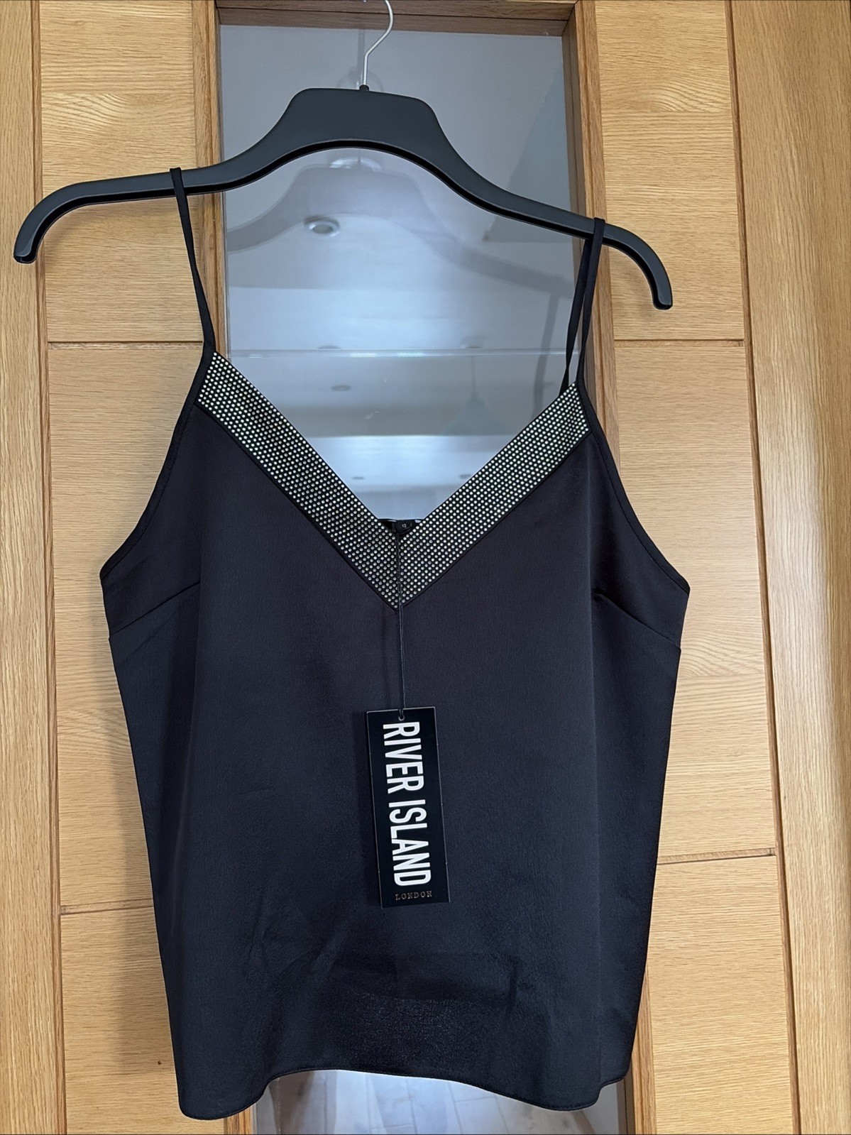 River Island Women’s Strappy Faux Silk Top, Black/ Silver, Size 12.