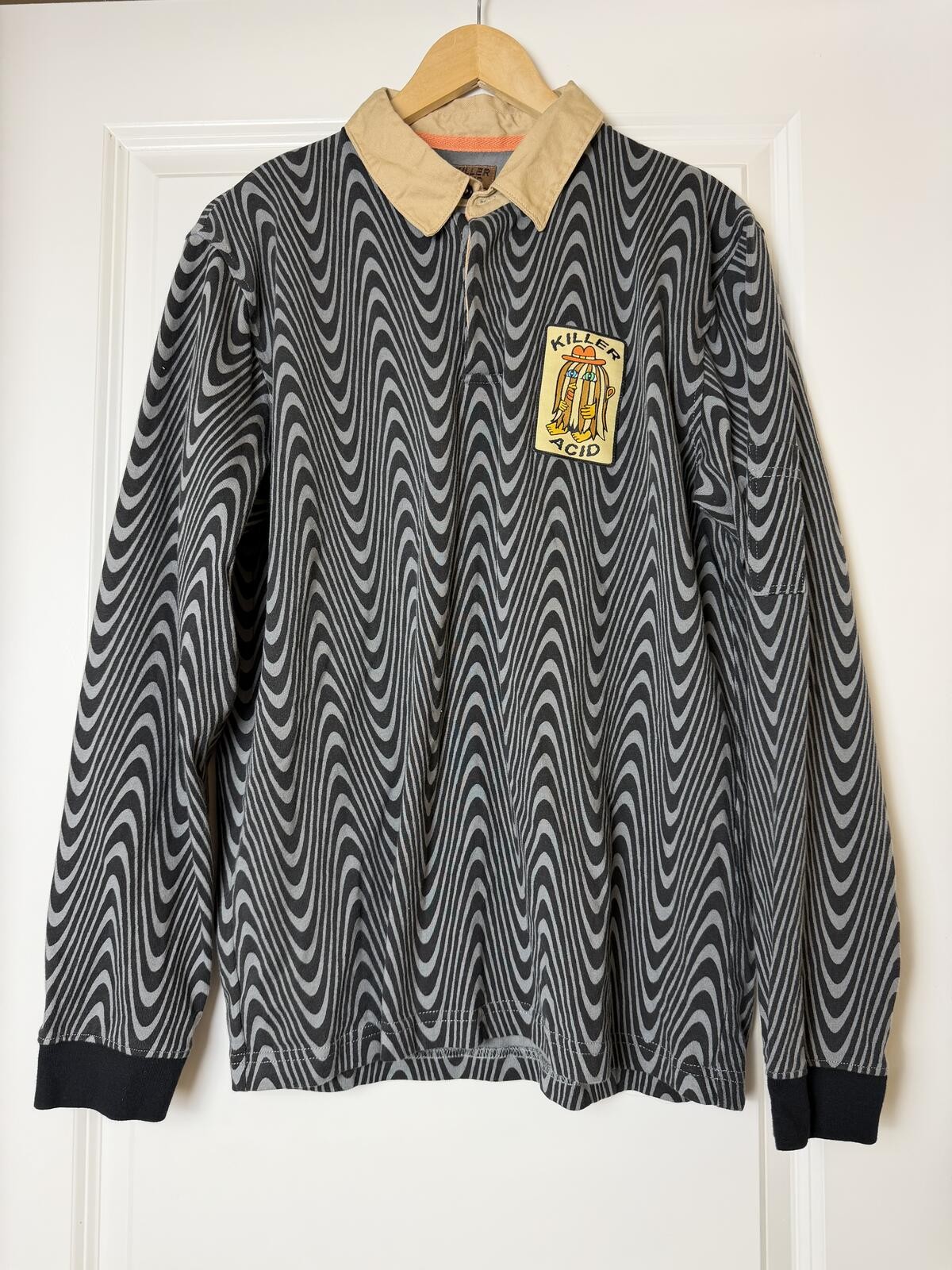 Killer Acid Mens Long Sleeve Black Swirl Polo Shirt Medium Psychedelic Pattern