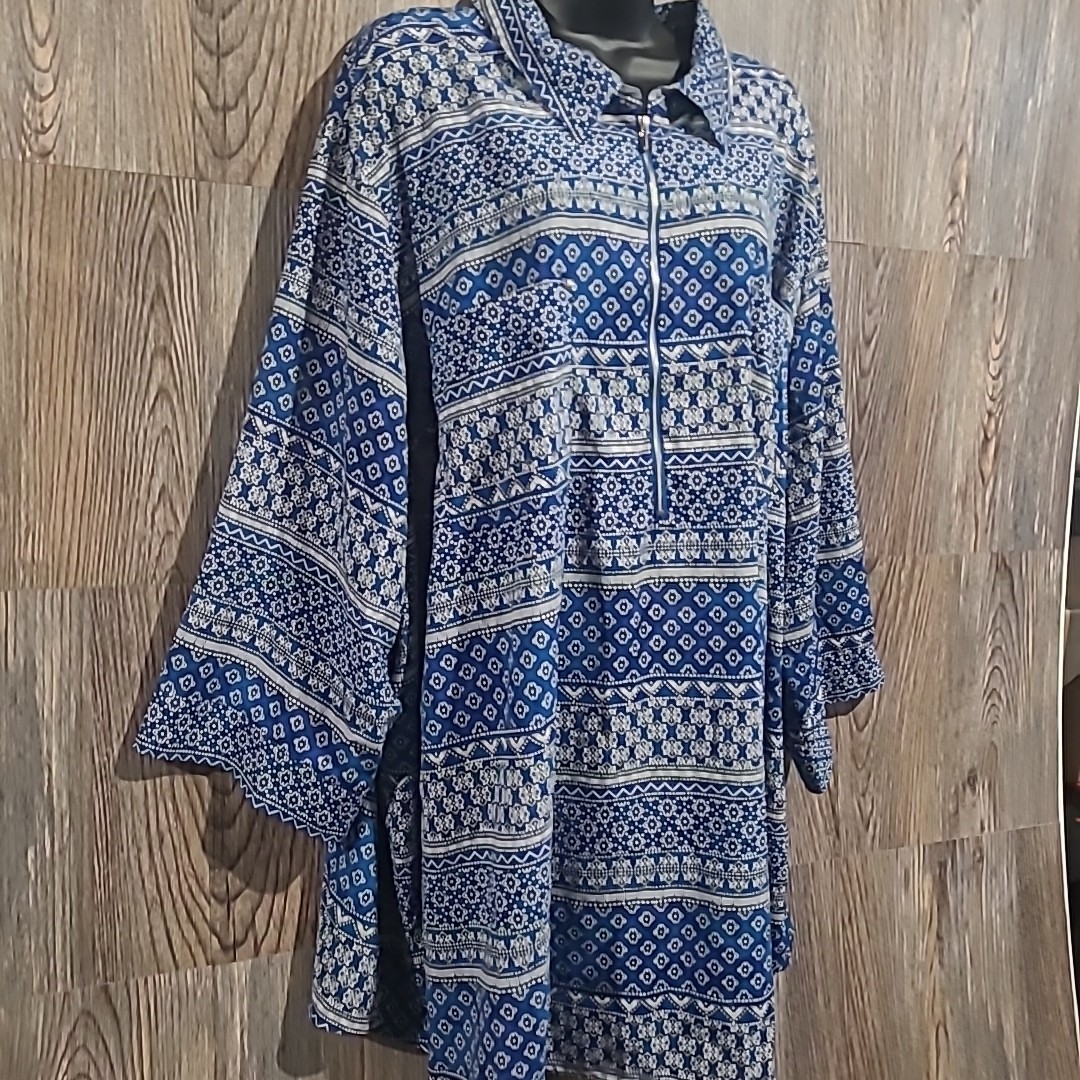 Catherines 1/2 Zip Blue Geometric Blouse Top Plus Size 4X Western Lightweight