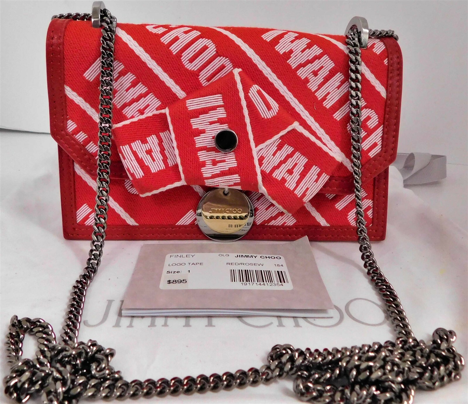 New Jimmy Choo Finley Red logo Chain Shoulder Crossbody Bag Italy