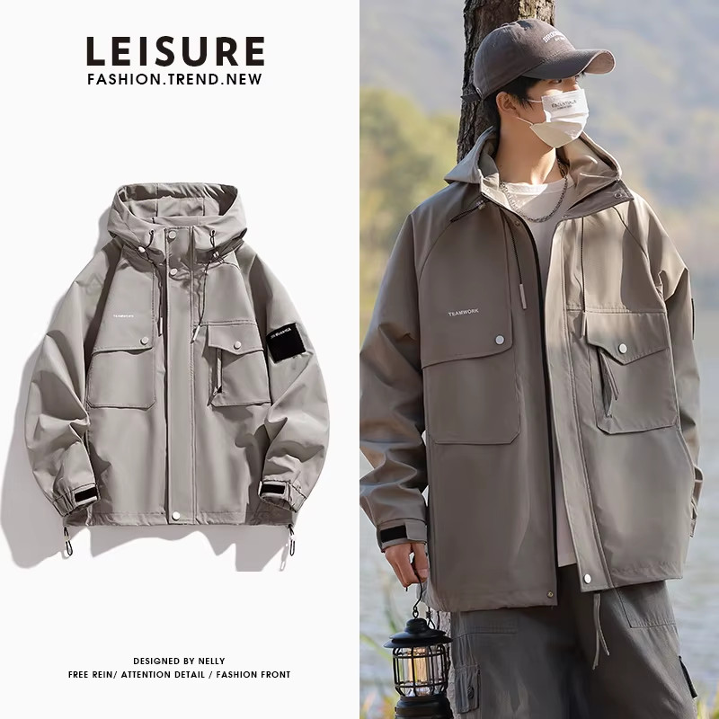 2024 New Spring Jacket Men Korean Fashion Unisex Hooded Windbreaker Multi-Pocket