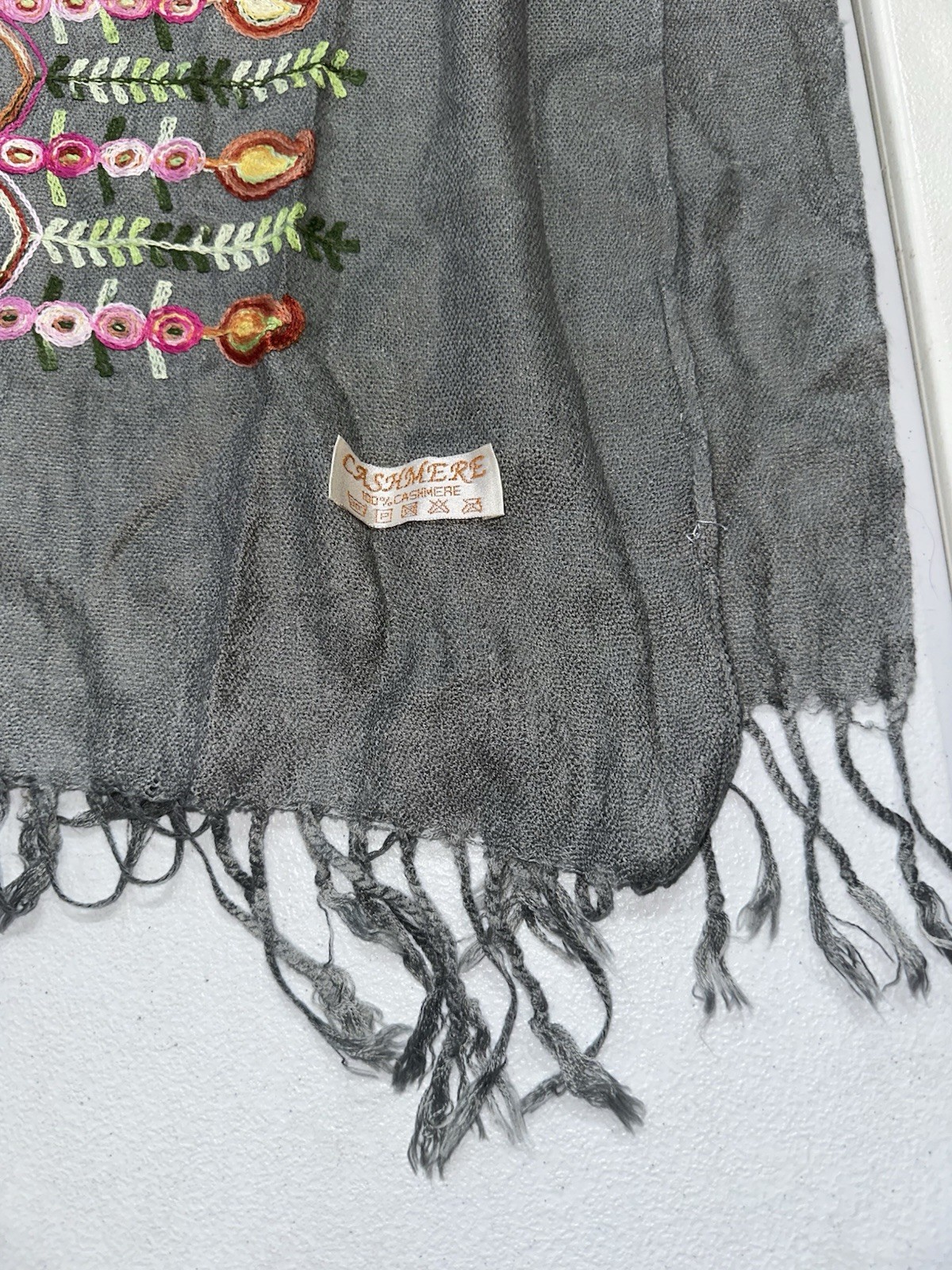 Cashmere Scarf Embroidered Wrap Shawl Paisley Floral Gray 68X26