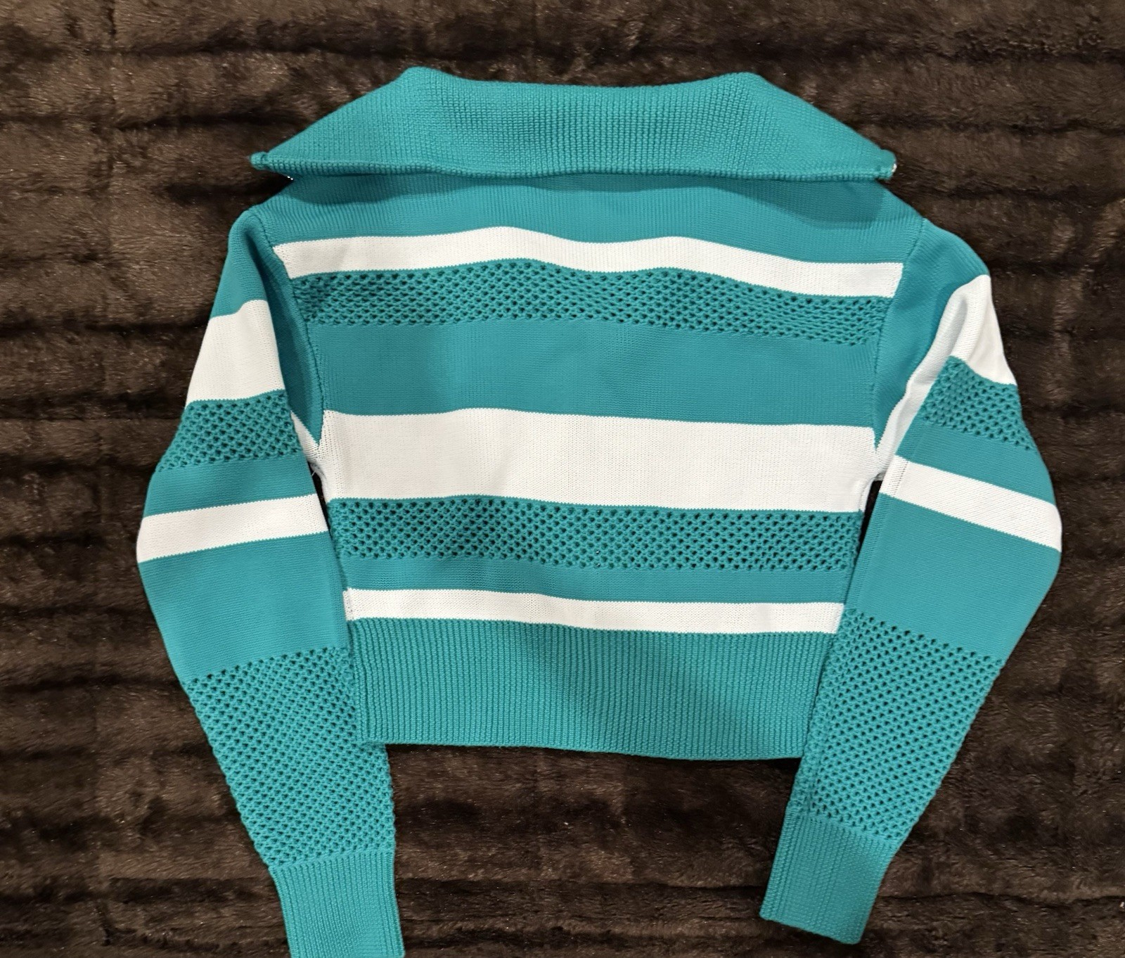 So Green and White Striped Zip-Up Sweater with Mesh Accents Womens size medium