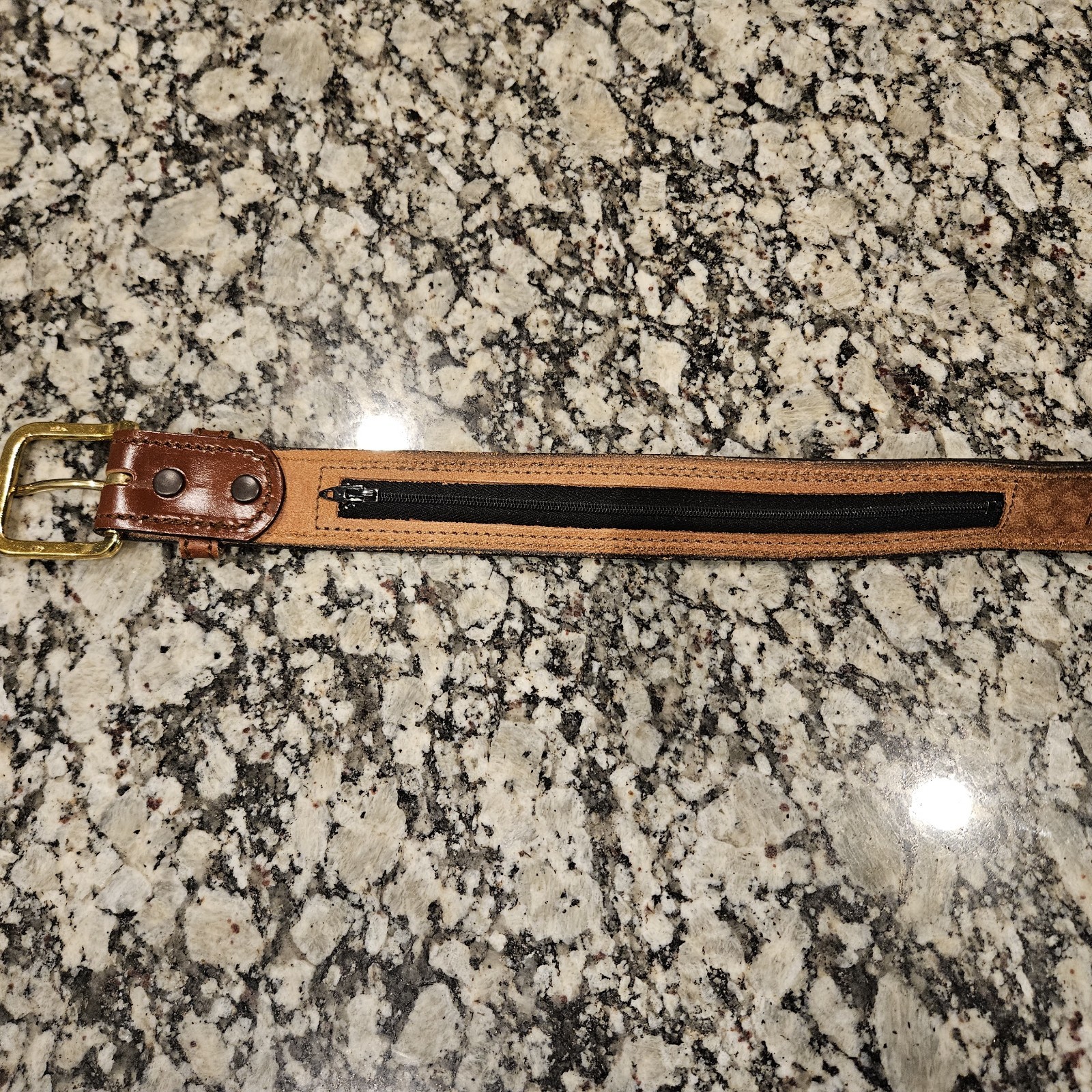 NWOT Rare Chambers Leather Money Belt 38 Brown Basketweave USA Hidden Zip, 1.5″