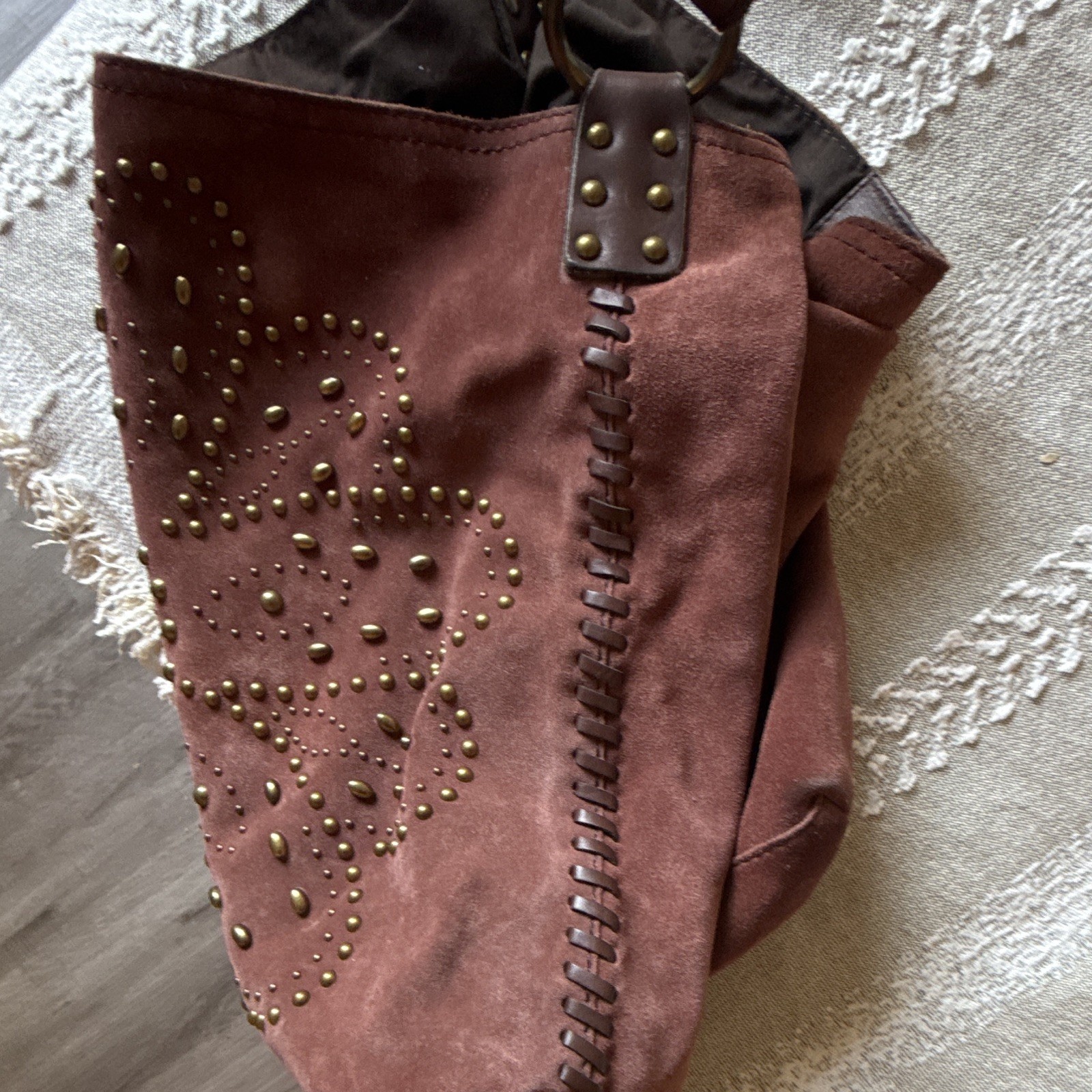 Lucky Brand Brown Floral Studded Whipstitch Shoulder Bag, Zip, Brass HW