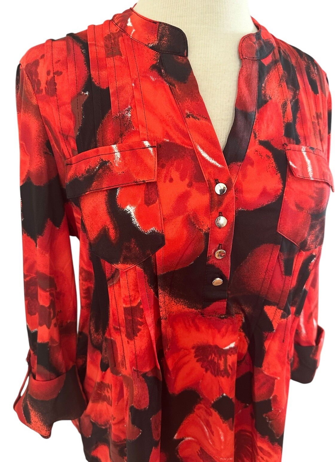 COCOMO XL Orange Red Black 3/4 sleeve women’s Pintuck Blouse Tunic shirt