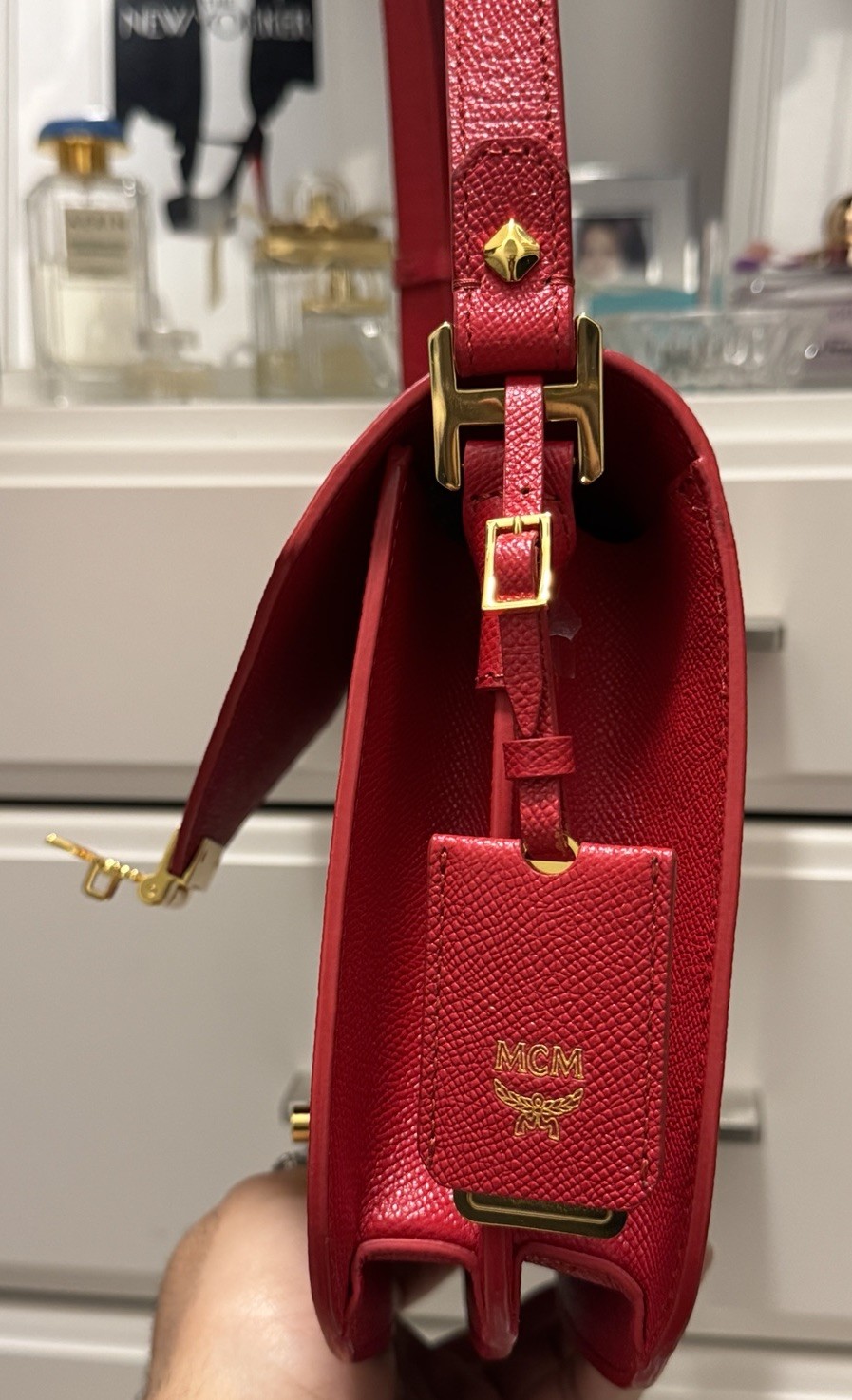MCM Red Small Patricia Crossbody Bag Gold Hardware Push Lock Dust Bag Card