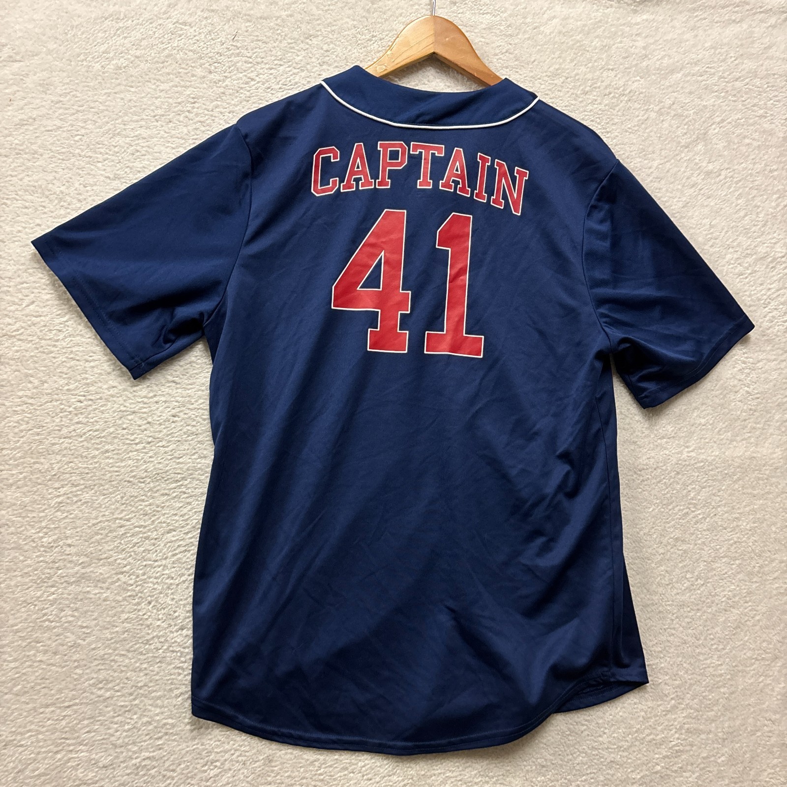 Marvel Captain America Baseball Jersey Mens Medium Blue Button Up Mad Engine Pat