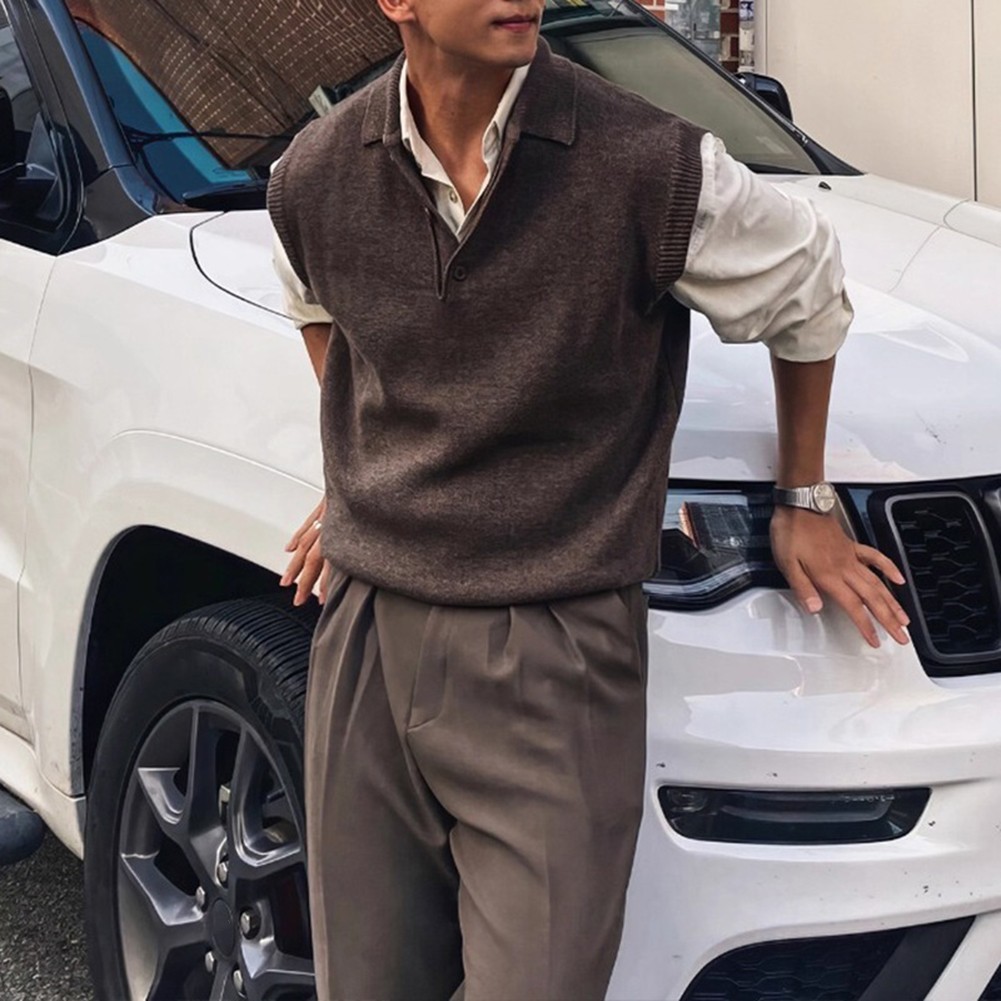 Men Sleeveless Sweater Vest Knitted Pullover with Lapel for Casual