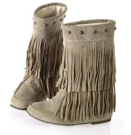 Fringes Womens Rivet Tassel Round Toe Hidden Wedge Mid Calf Boots Pull on Shoes