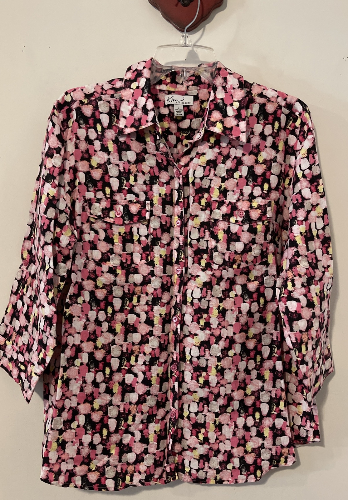 Kim Rogers Women’s Large Pink Button-Up Collared Linen Blouse! A4929