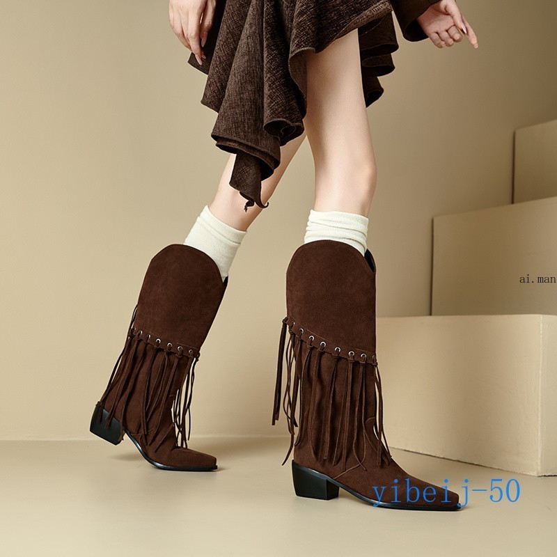 Women Tassel Mid Calf Boot Velvet Western Cowgirl Shoes Dress Formal Fall Winter