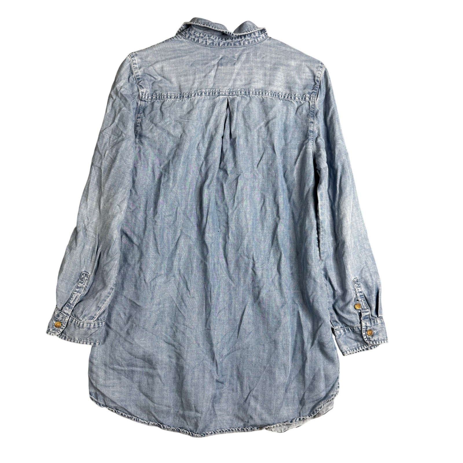 Chicos Women’s Size 1 Blue Button Down Denim Chambray Roll Tab Tunic Shirt