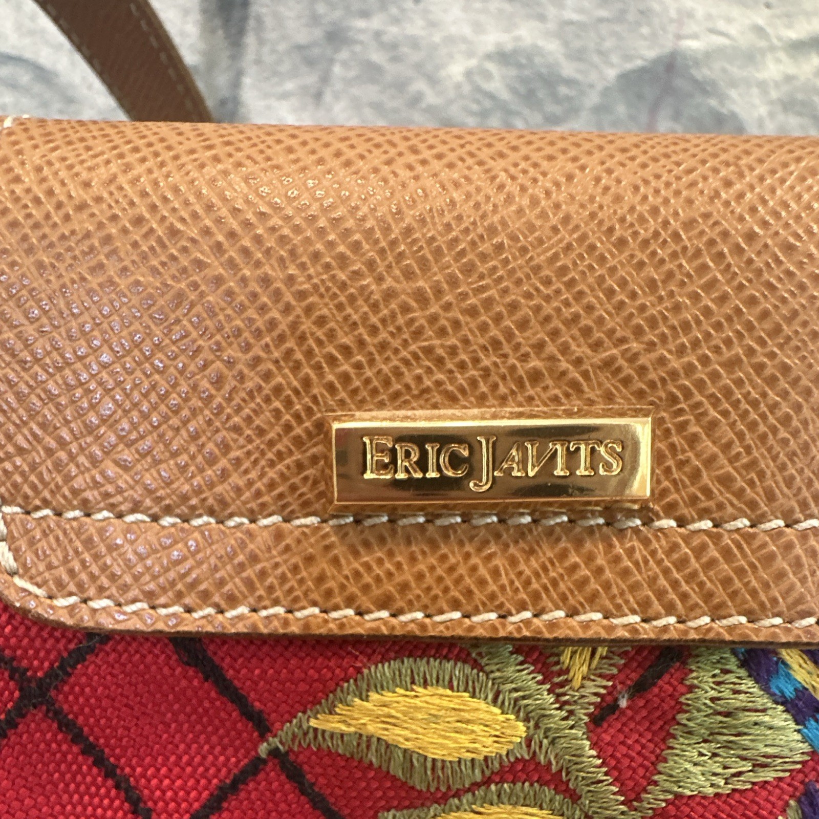 Eric Javits Lotus Tote Mini Red Multicolor Floral Zip Embroidered Strap