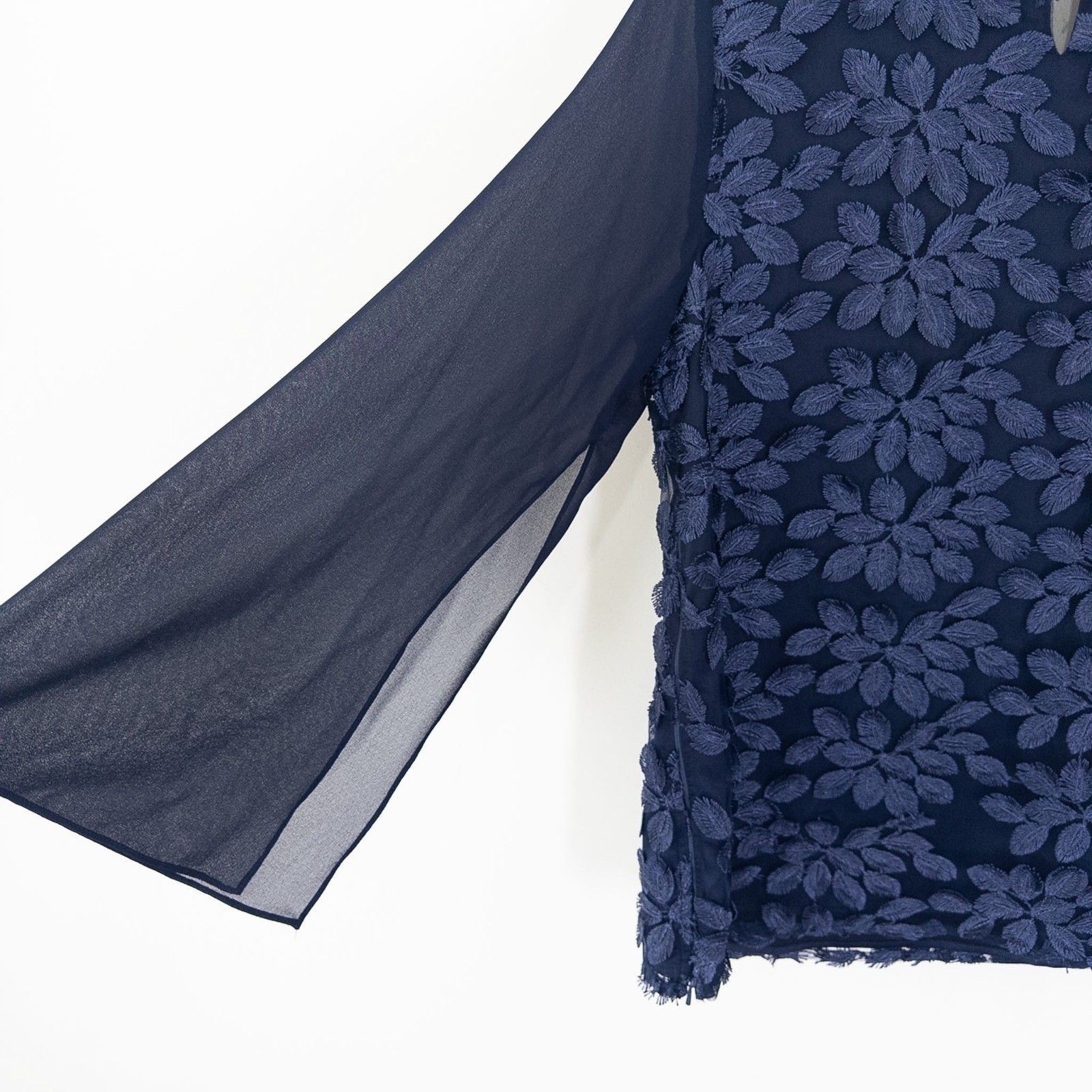 Jacques Vert Navy Floral Applique Blouse Size 14 Wide Sleeve Chiffon Top