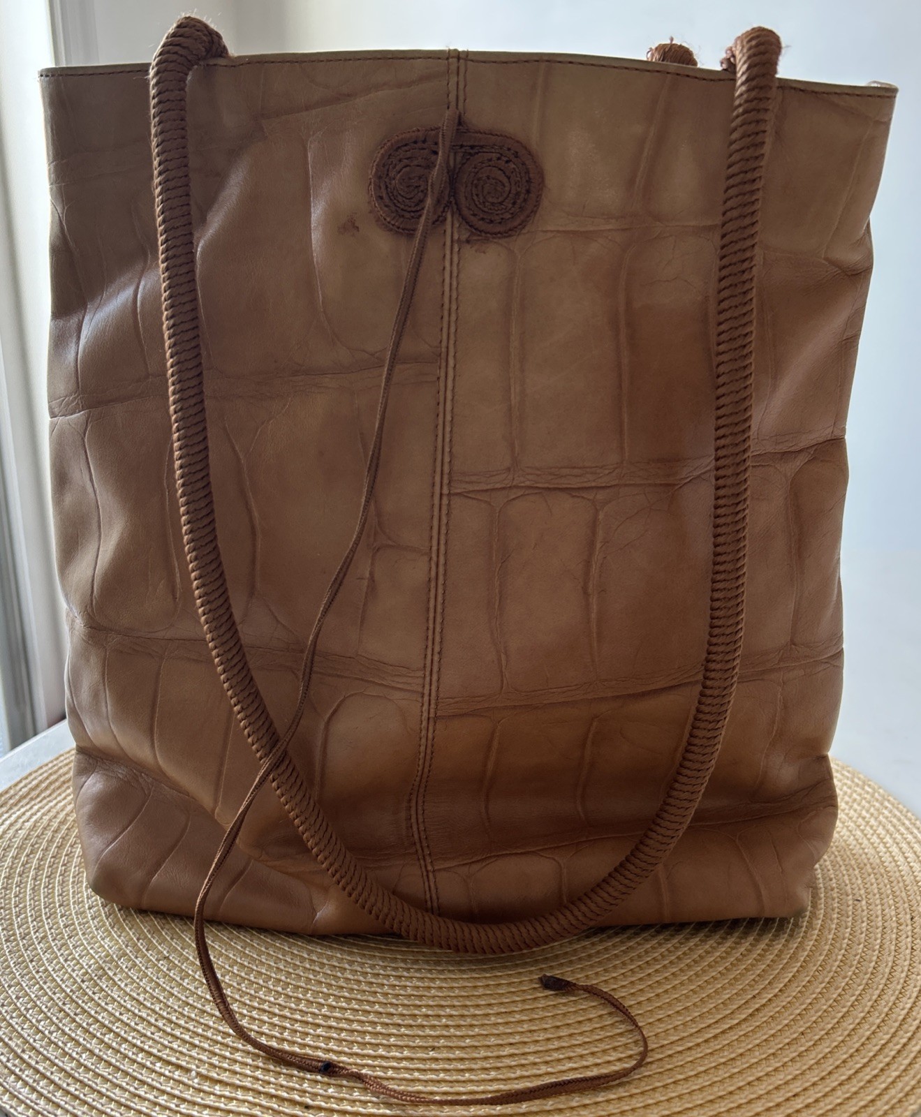 Falor Le Borse Tote Shoulder Bag Brown Crocodile Embossed Leather Italy 11”H