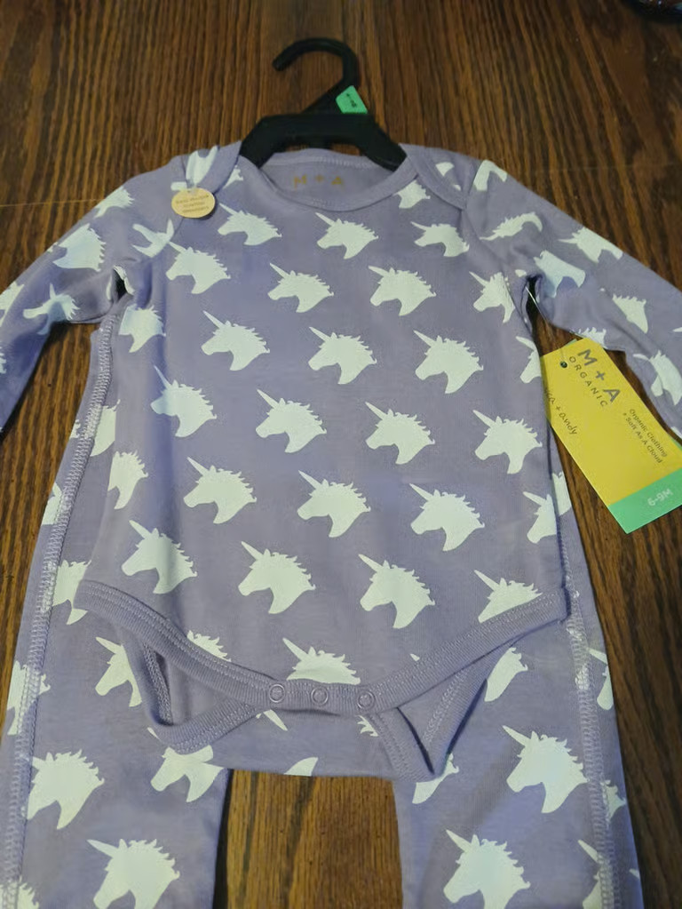 2 piece baby set size 6-9 months purple unicorn bodysuit and pants, Brand New