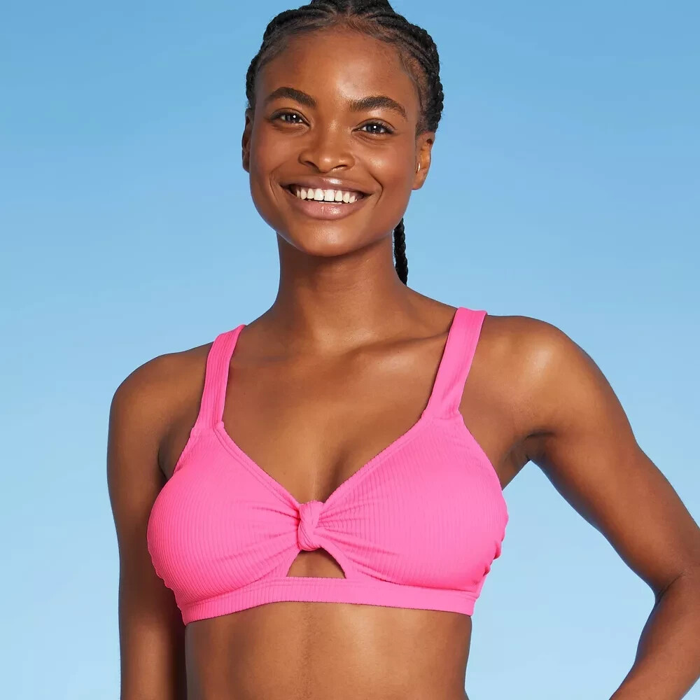 Juniors Ribbed Knot Front Bralette Bikini Top – Xhilaration Bright Pink Size D