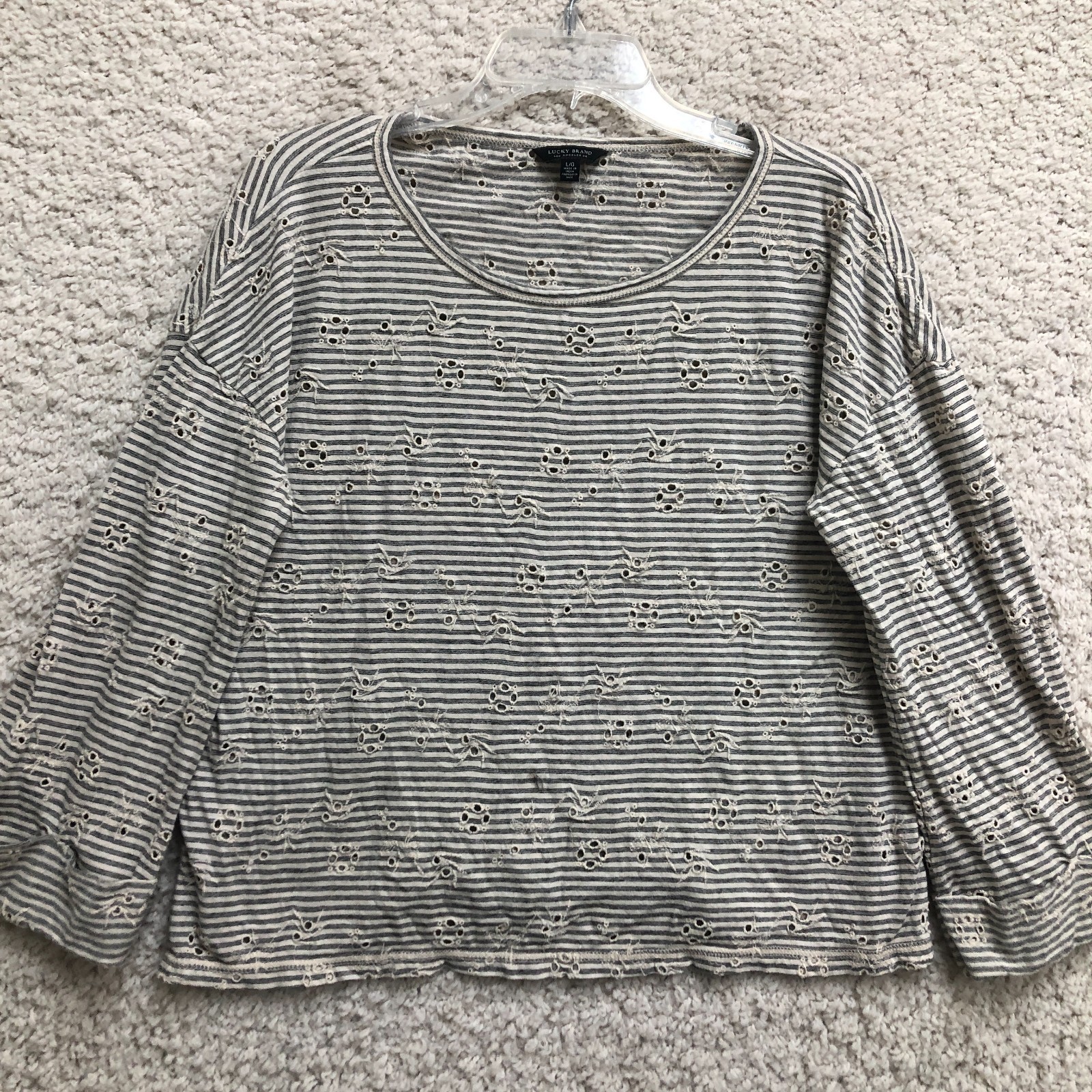 Lucky Brand Top Shirt Large Adult Gray Striped Eyelet Long Sleeve Blouse Womens