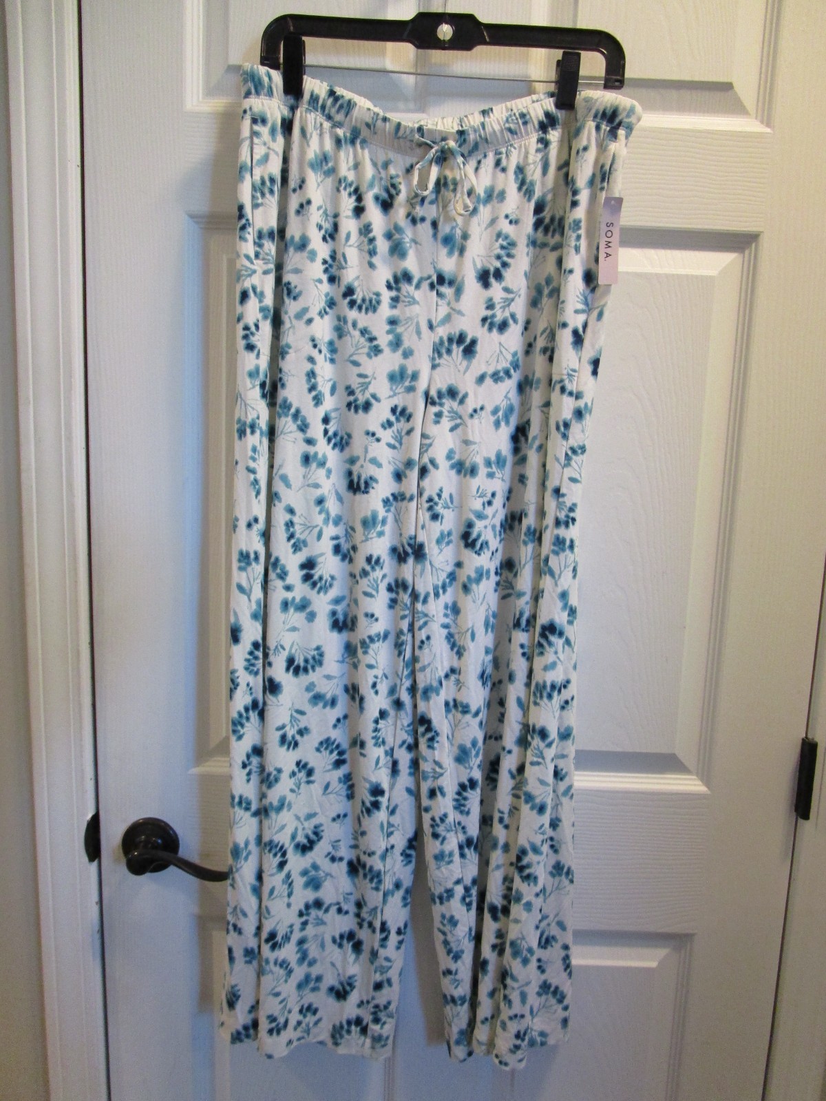SOMA COOL NIGHTS WIDE LEG RELAXED PAJAMA PANTS IN FLORAL HINT BLUE SIZE LARGE