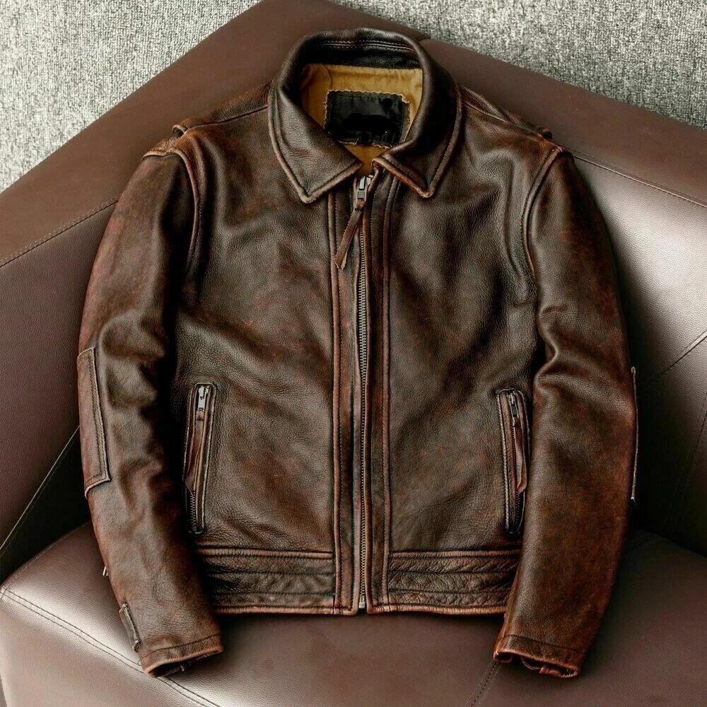 Men Motorcycle Vintage Cafe Racer Distressed Tan Brown Biker Real Leather Jacket