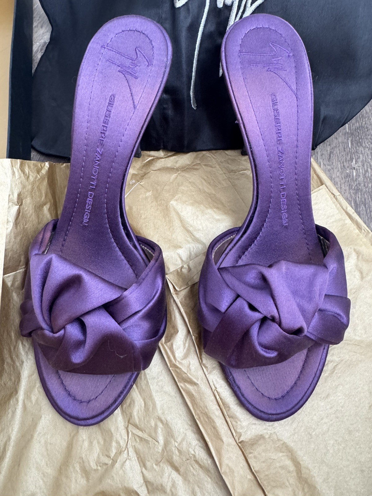 Giuseppe Zanotti Design Purple Silk Leather Mule Sandals Heels 38.5