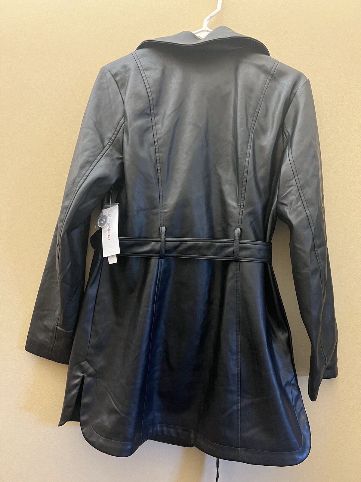 #76 Liz Clairbone Black Soft PU Leather Coat Jacket W/ Strap Women’s Sz Small