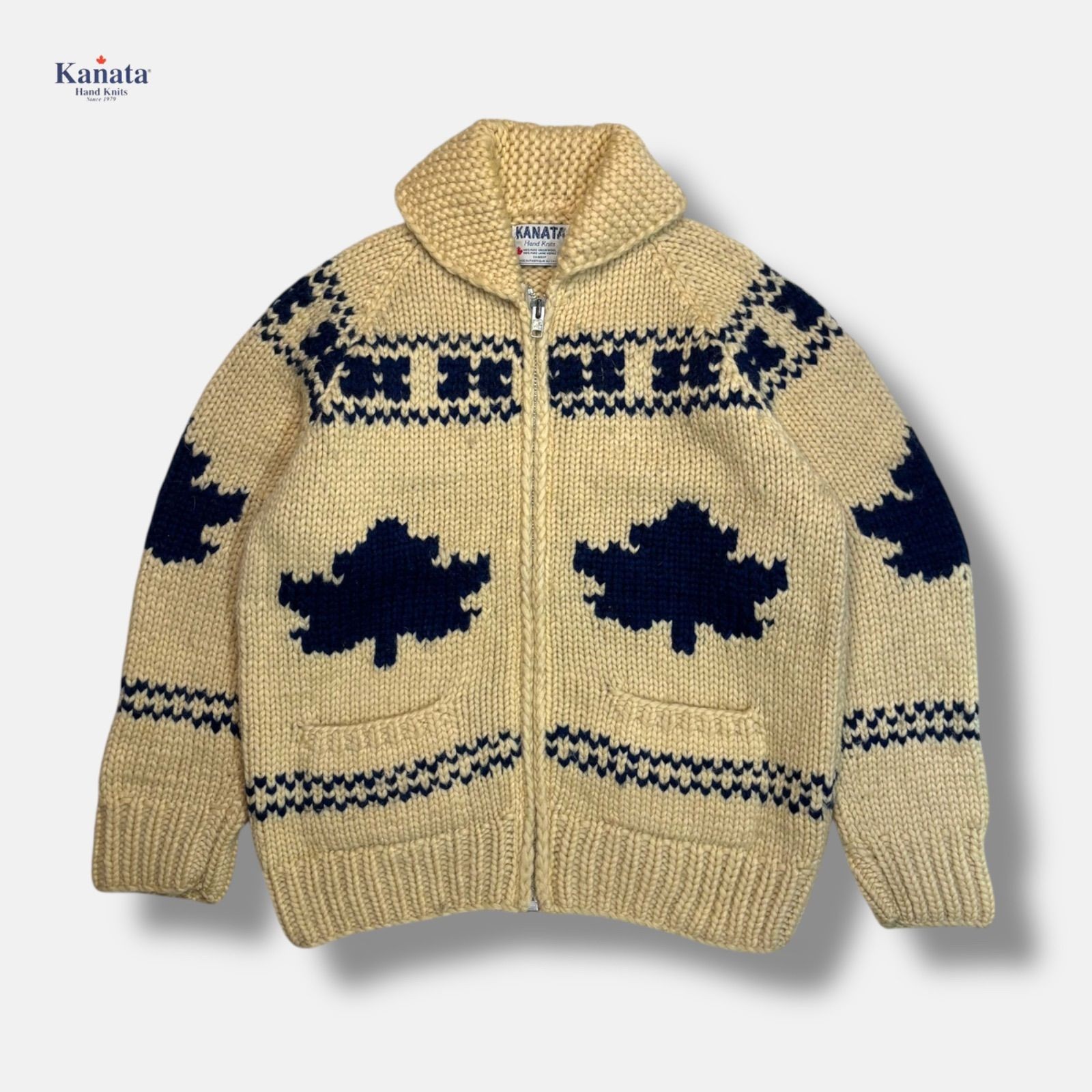 Kanata Cowichan Sweater Maple Leaf Beige Navy 100% Pure Virgin Wool Used Knit