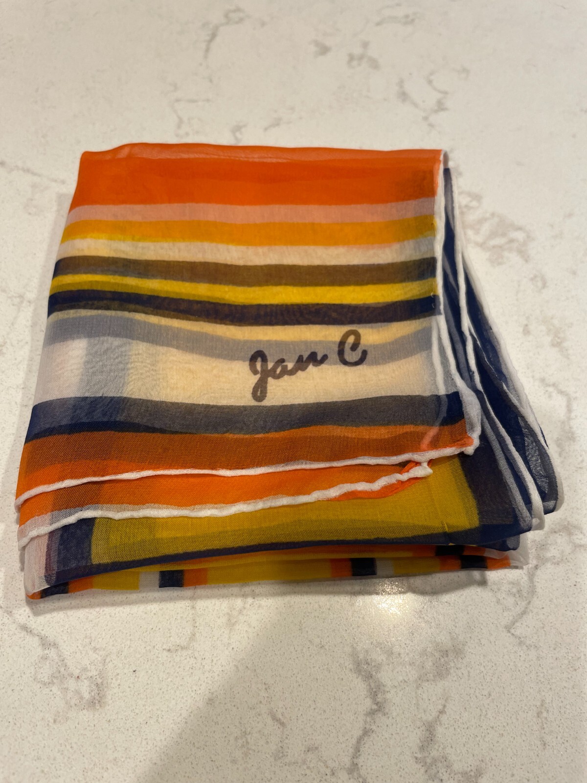 Vintage Jan C Scarf Logo Striped Orange Navy Yellow Rectangle 42 x 15
