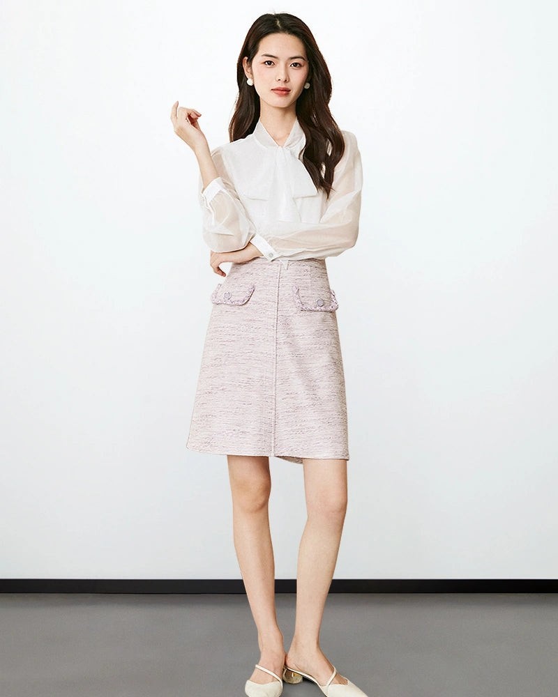 Tie Neck Silk Blouse with Sheer Sleeves