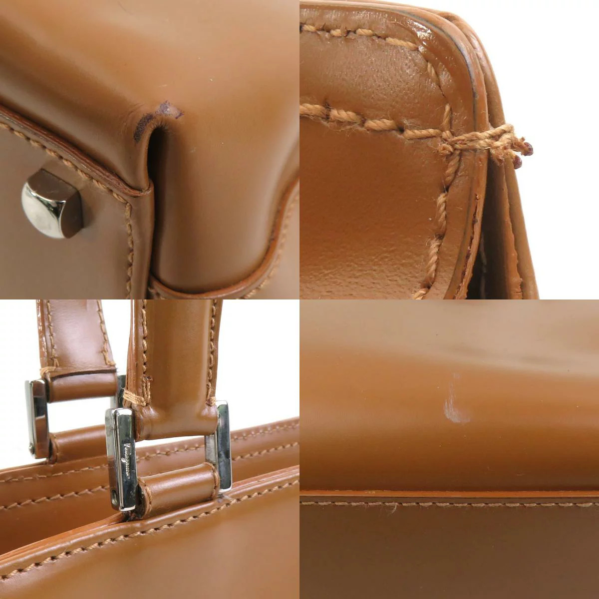 FERRAGAMO Gancini 2-Way Bag Camel Leather Handbag H7.4 W9.8 D4.5 Strap 34.8in