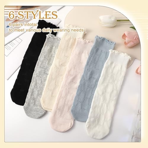 6 Pairs Women’s Ruffle Socks Casual Cotton Black White Beige Pink Gray Blue