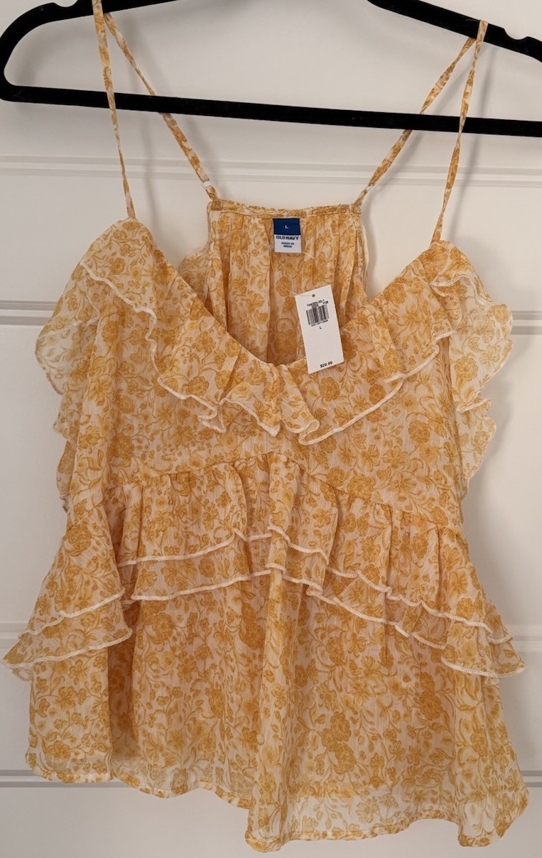 Women’s S OldNavy Chiffon Floral Ruffle Spaghetti Strap Cami Yellow/White SIZE L