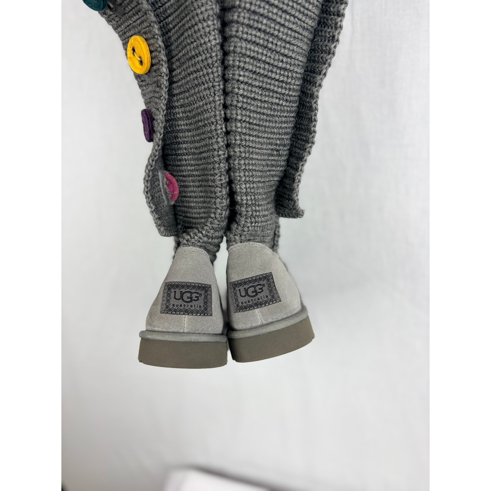 UGG Australia Womens 6 Grey Knit Tall Colorful Buttons Suede Flat Grey Boots