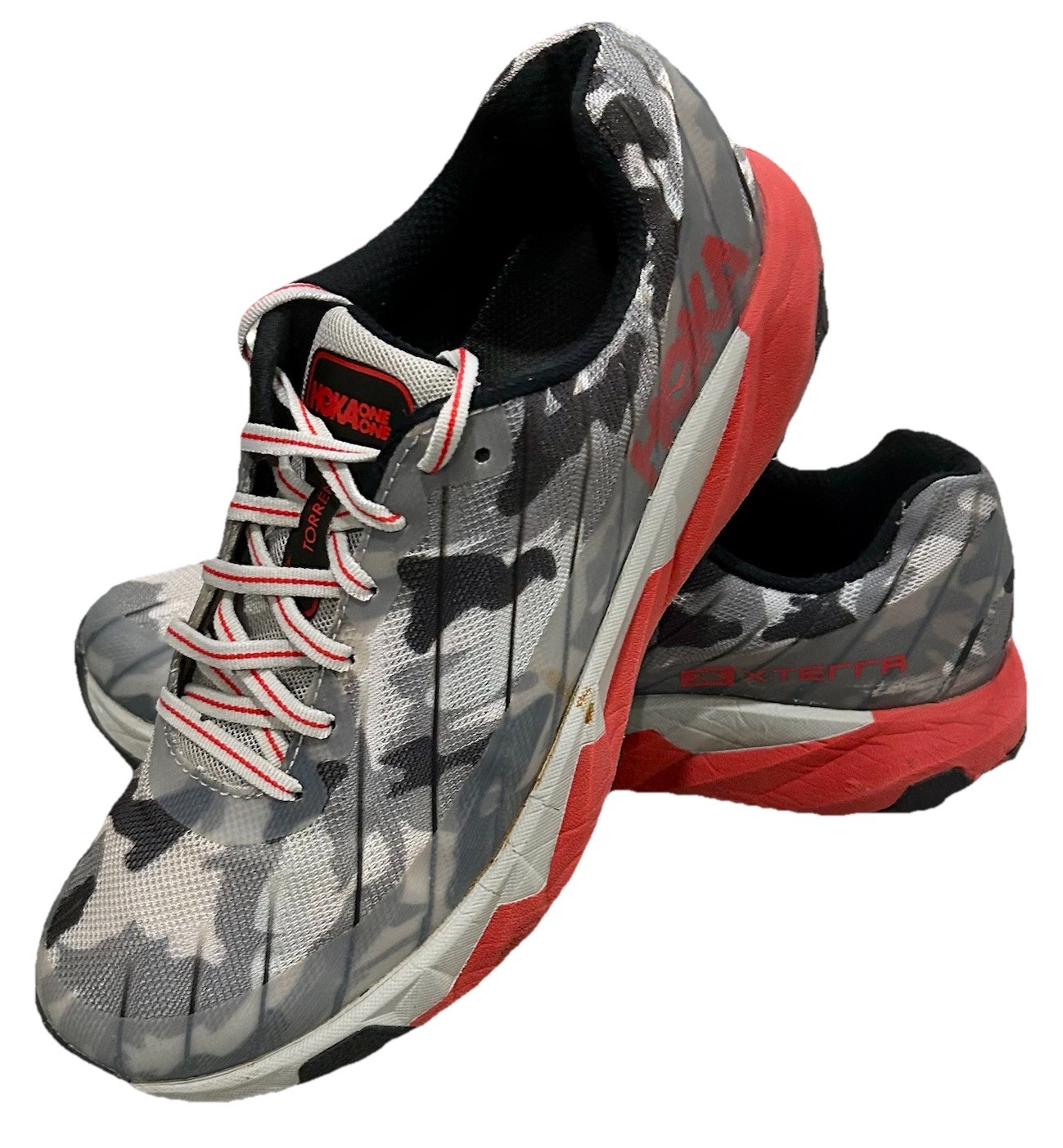 Hoka One One Xterra Torrent, Women’s Size 9, Gray Camo With Red Accents