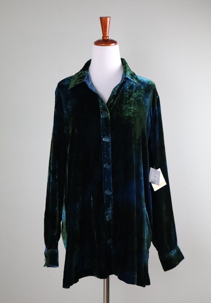 JOHN MARK NWT $119 Velvet Soft Button Up Hi Lo Blue Green Shirt Top Size Small