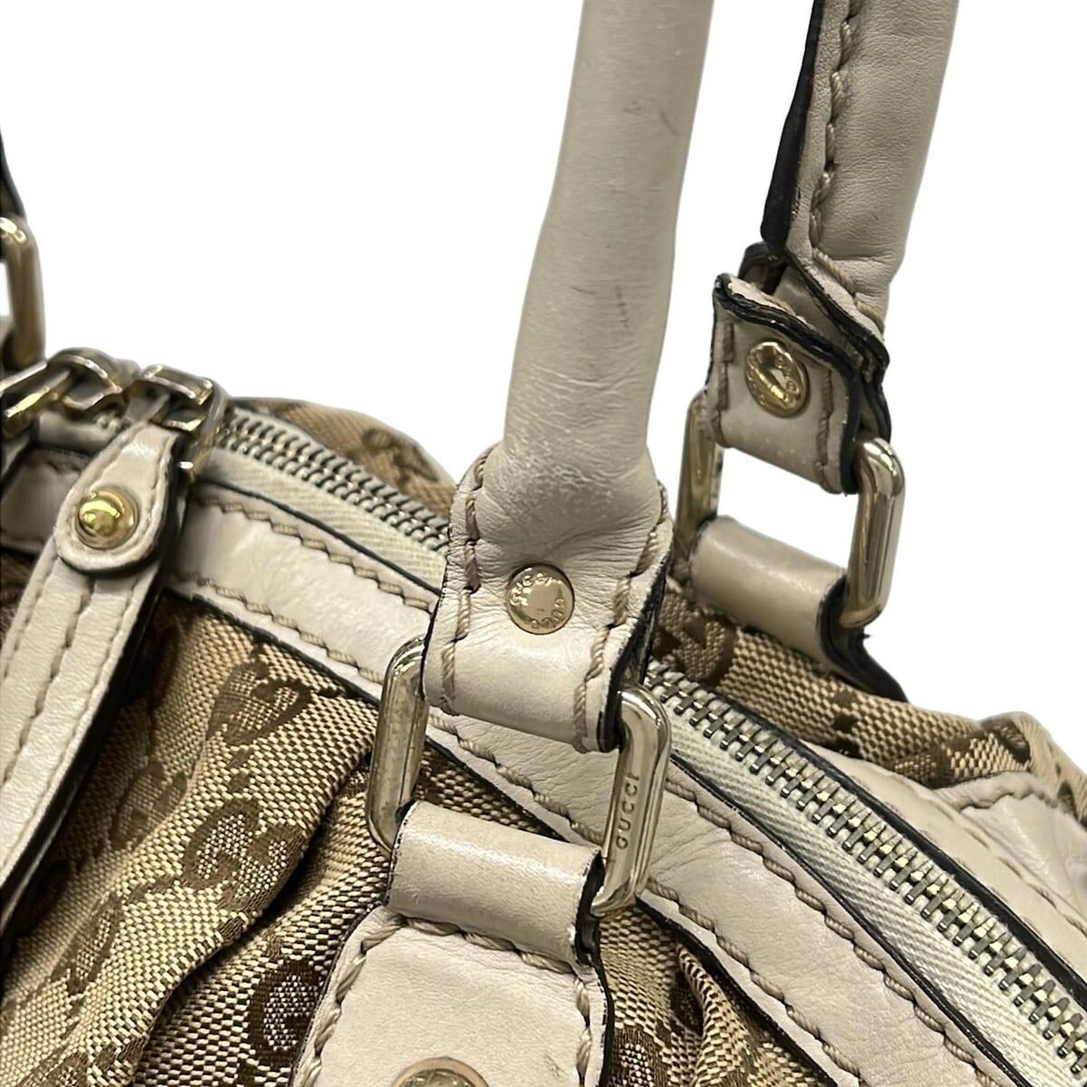GUCCI GG Pattern Jacquard Leather Handbag Beige Brown Ivory Auth