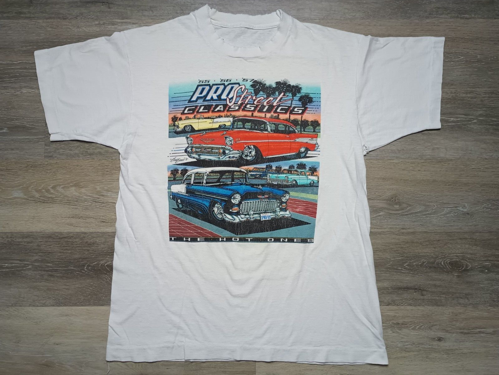 90s Classic Cars vtg T Shirt 2 sided 1950s Drive In Hot Rod culture L distress