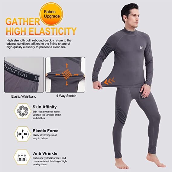Mens Fleece Lined Thermal Long Johns Top Bottom Underwear Set Winter Turtleneck