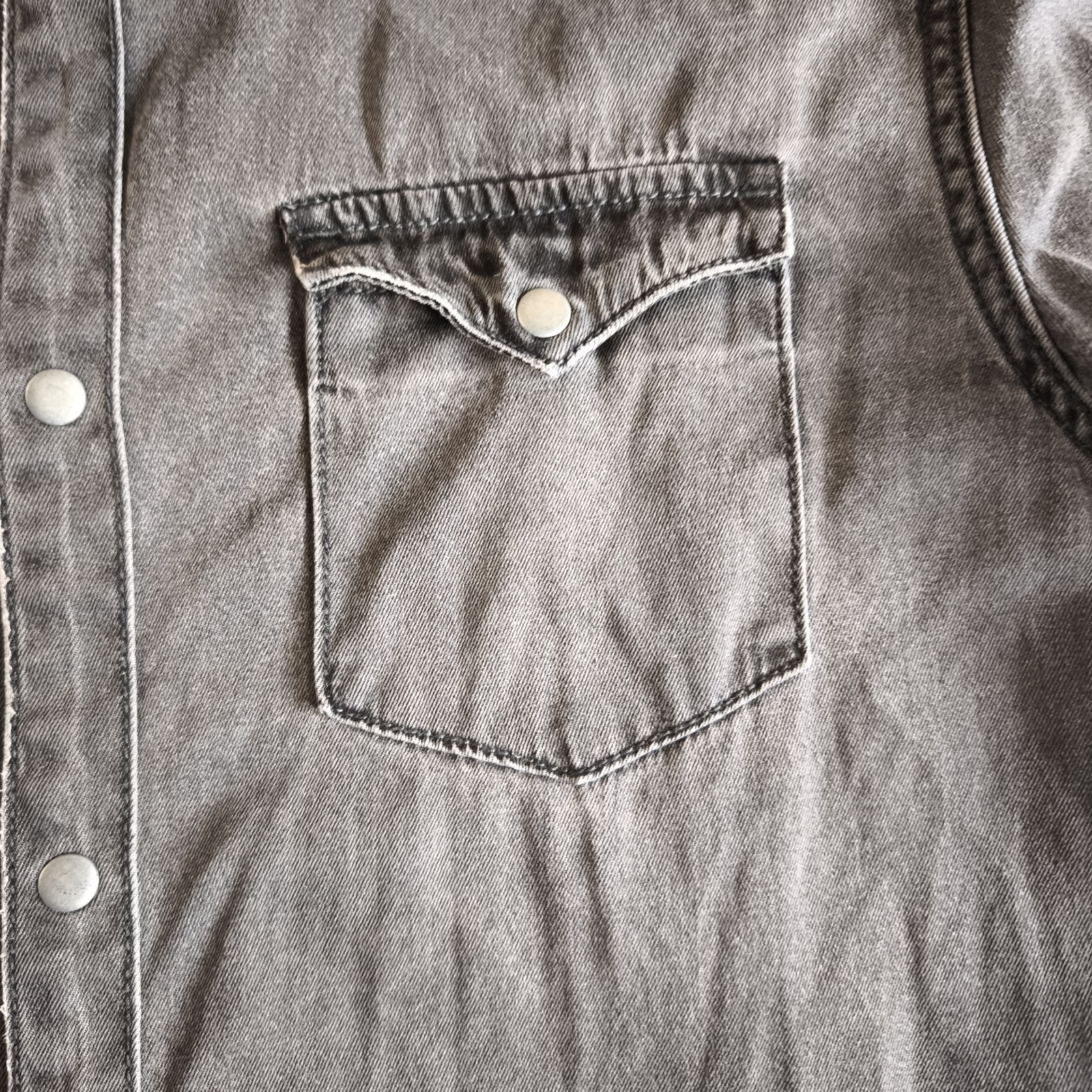 AllSaints Denim Shirt Mens Large Genki Black Grey Pearl Snap Distressed Western