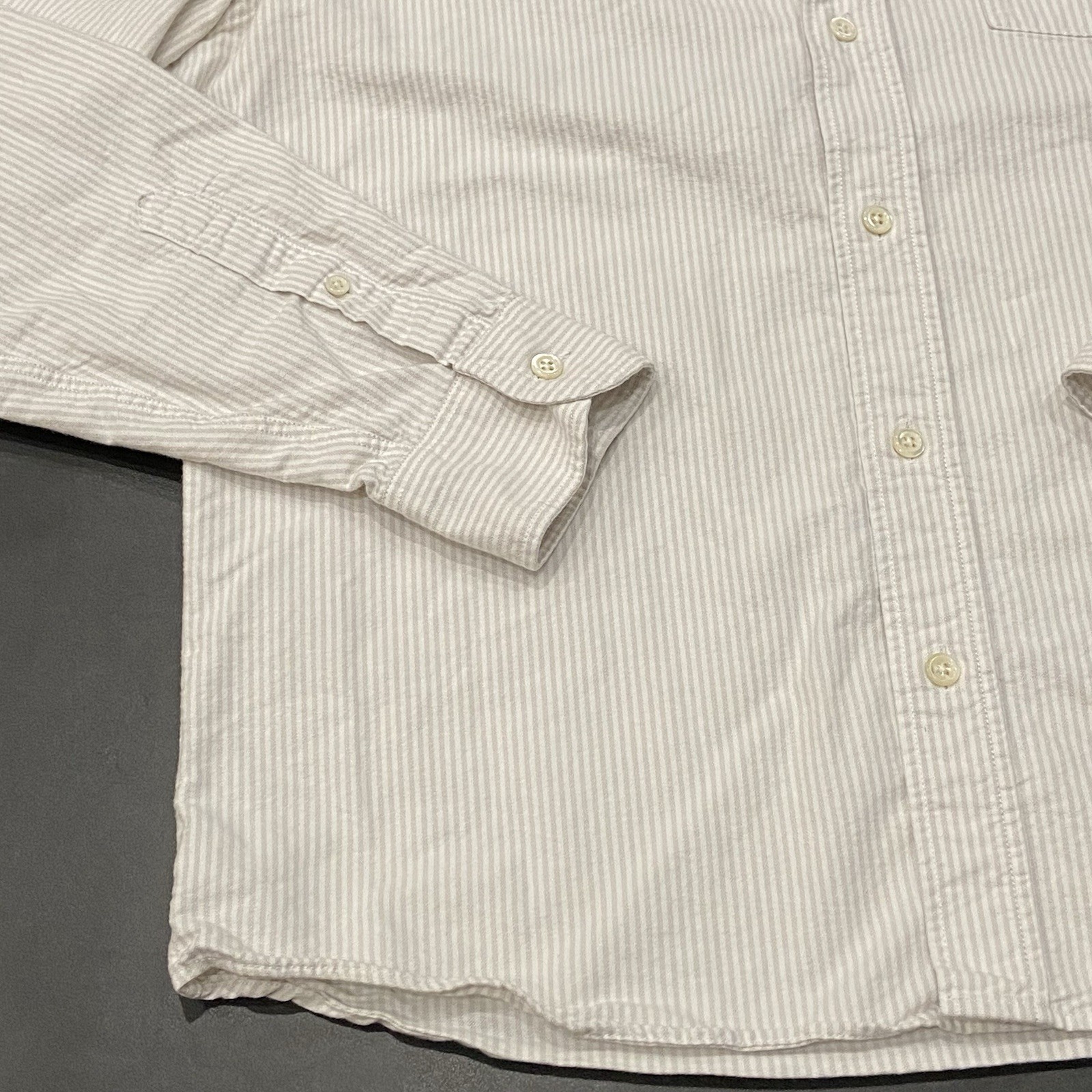 Asket Oxford Shirt Men’s Medium Reg Vertical Grey Stripe Pearl Button Preppy