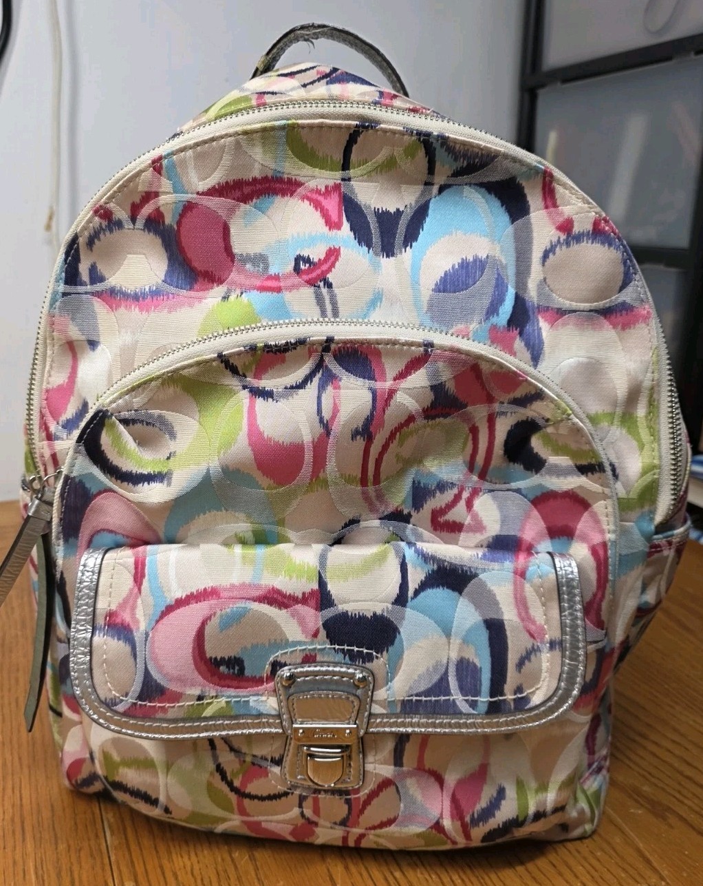 Coach Backpack Poppy Ikat Multicolor Silver Large 19872 GUC