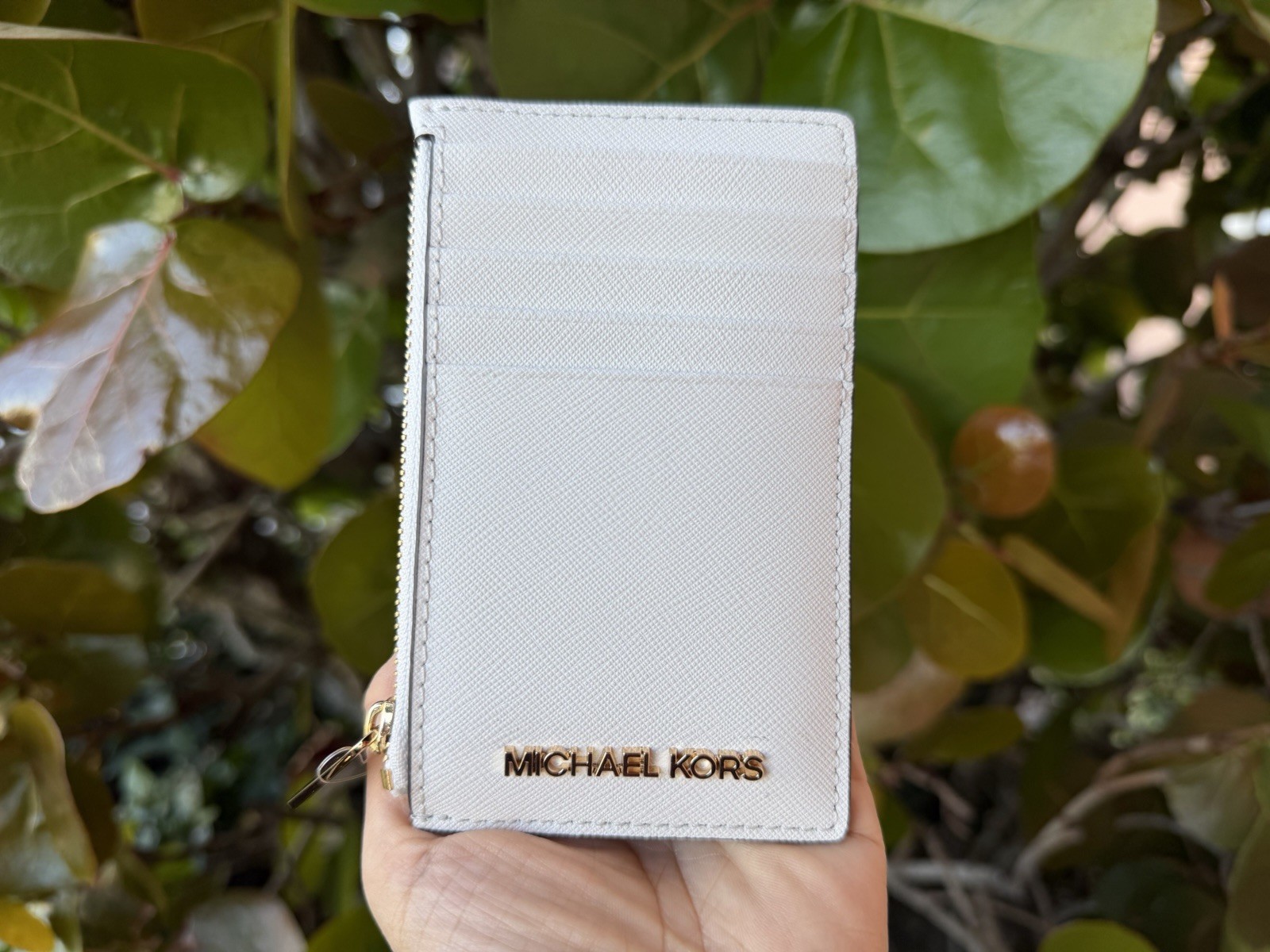 Michael Kors Jet Set Travel Top Zip Card Case Wallet Optic White/Gold