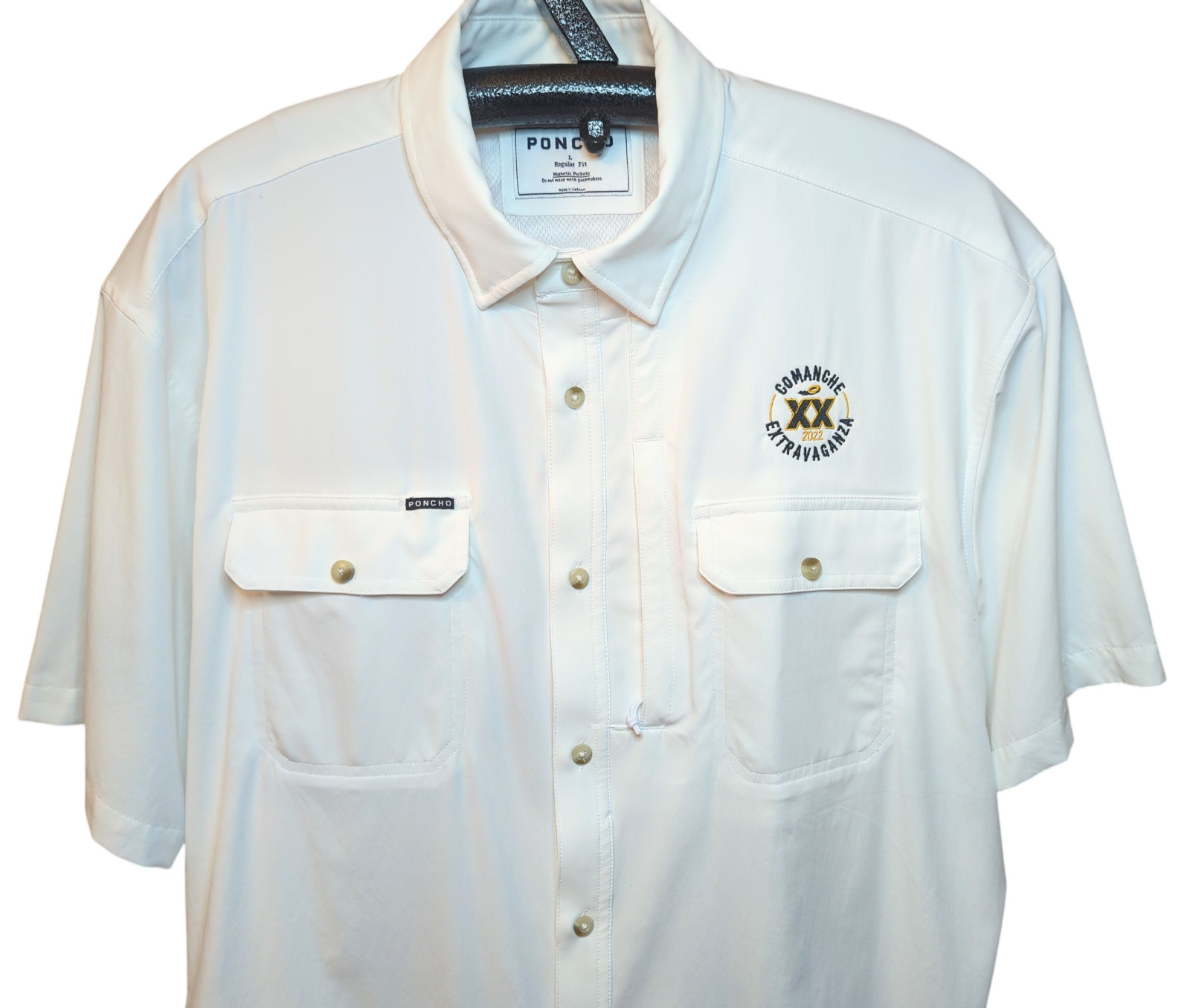 PONCHO Outdoors Vented Button Up Shirt Magnetic Mens LARGE White Comanche Logo