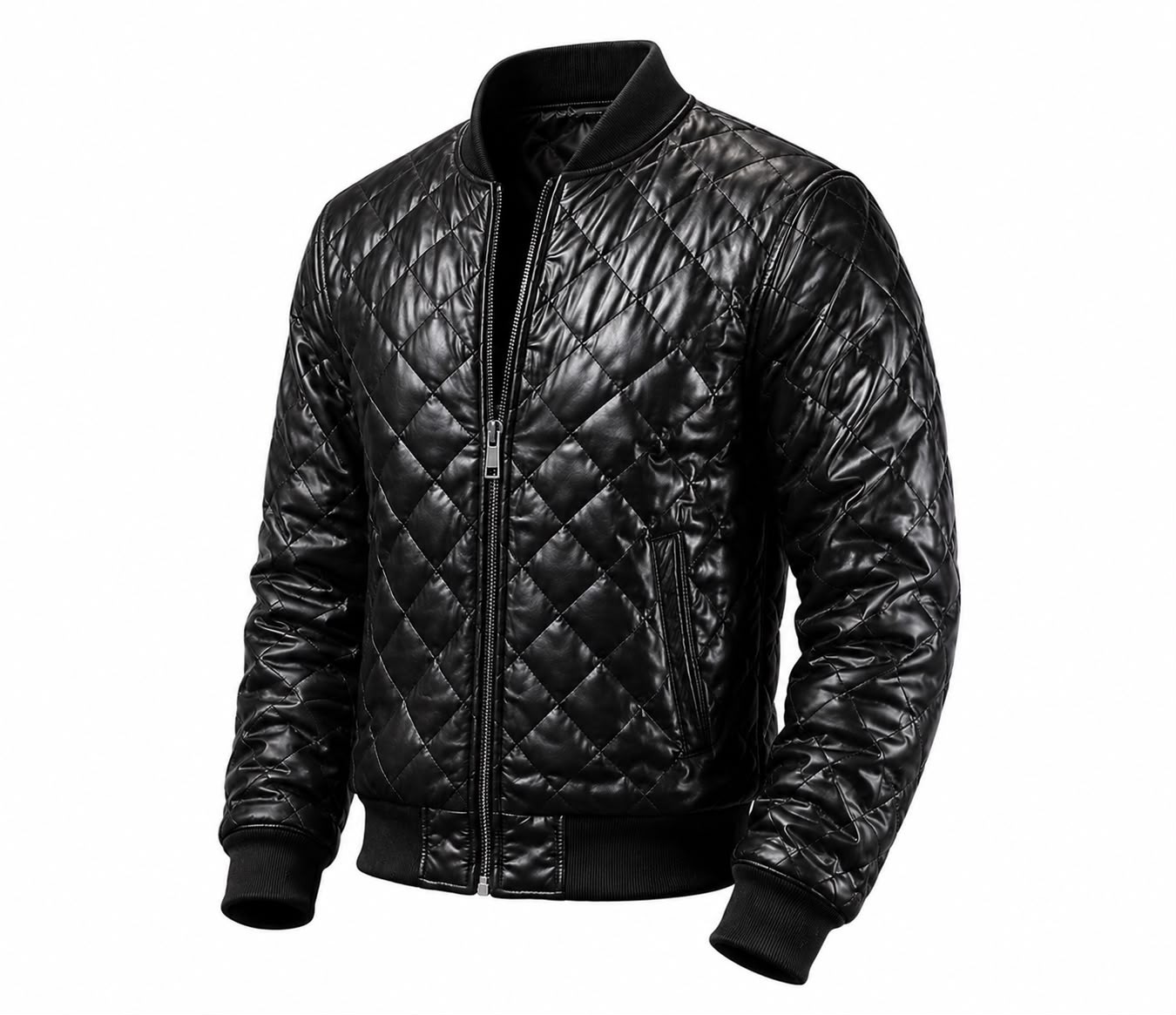 Men’s Black Diamond Quilted Leather Bomber Jacket Biker Zip Casual Motorcycle